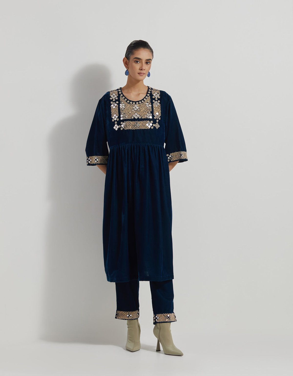 Teal Velvet Mirror Work Tunic and Straight Pants Co-ord Set