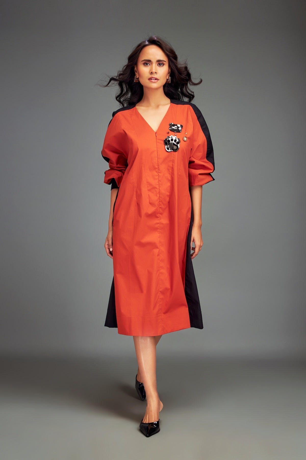 Two-Tone V-Neck Midi Dress with Metallic Embellishments