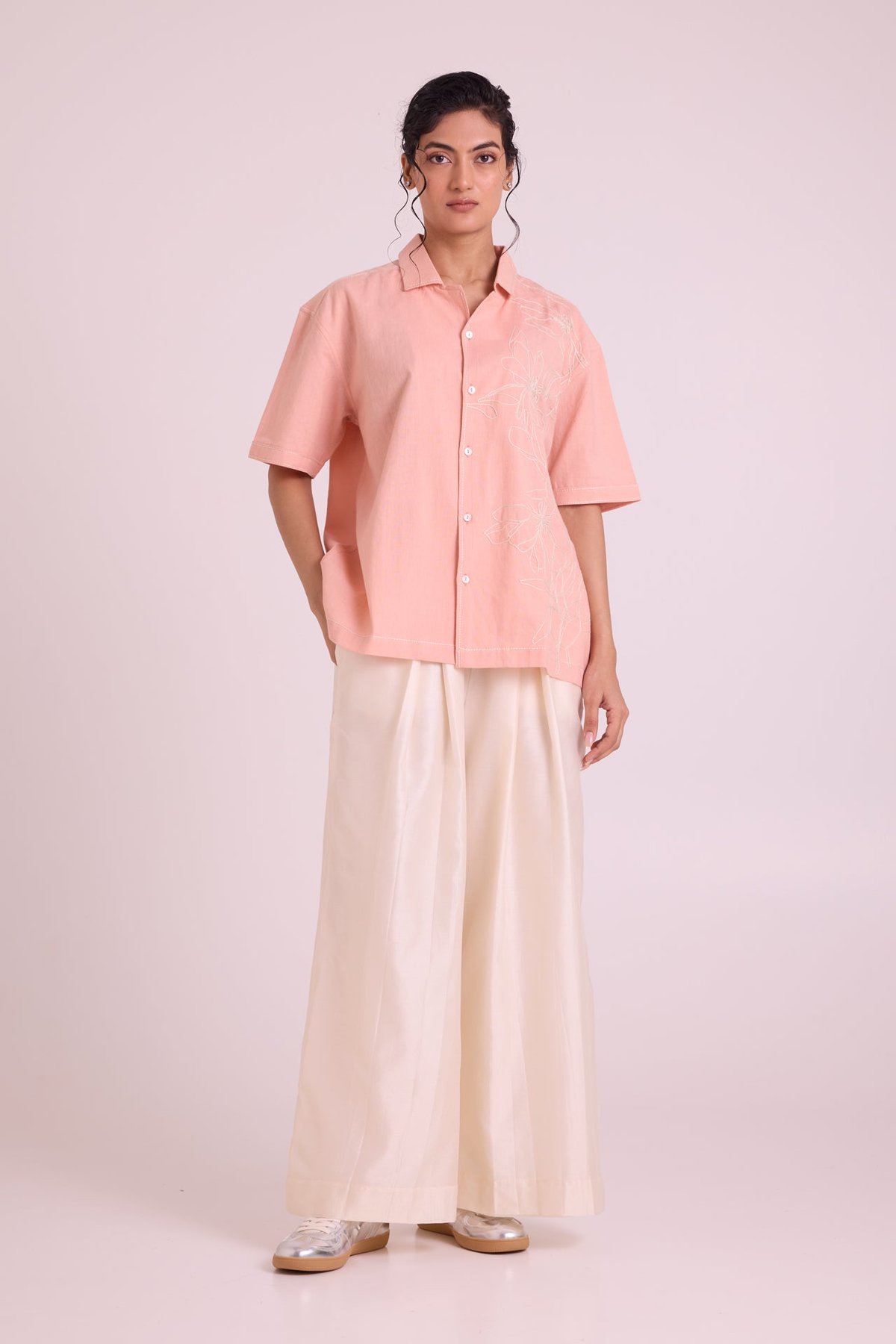 Blush Boxy Cotton Shirt with White Floral Embroidery