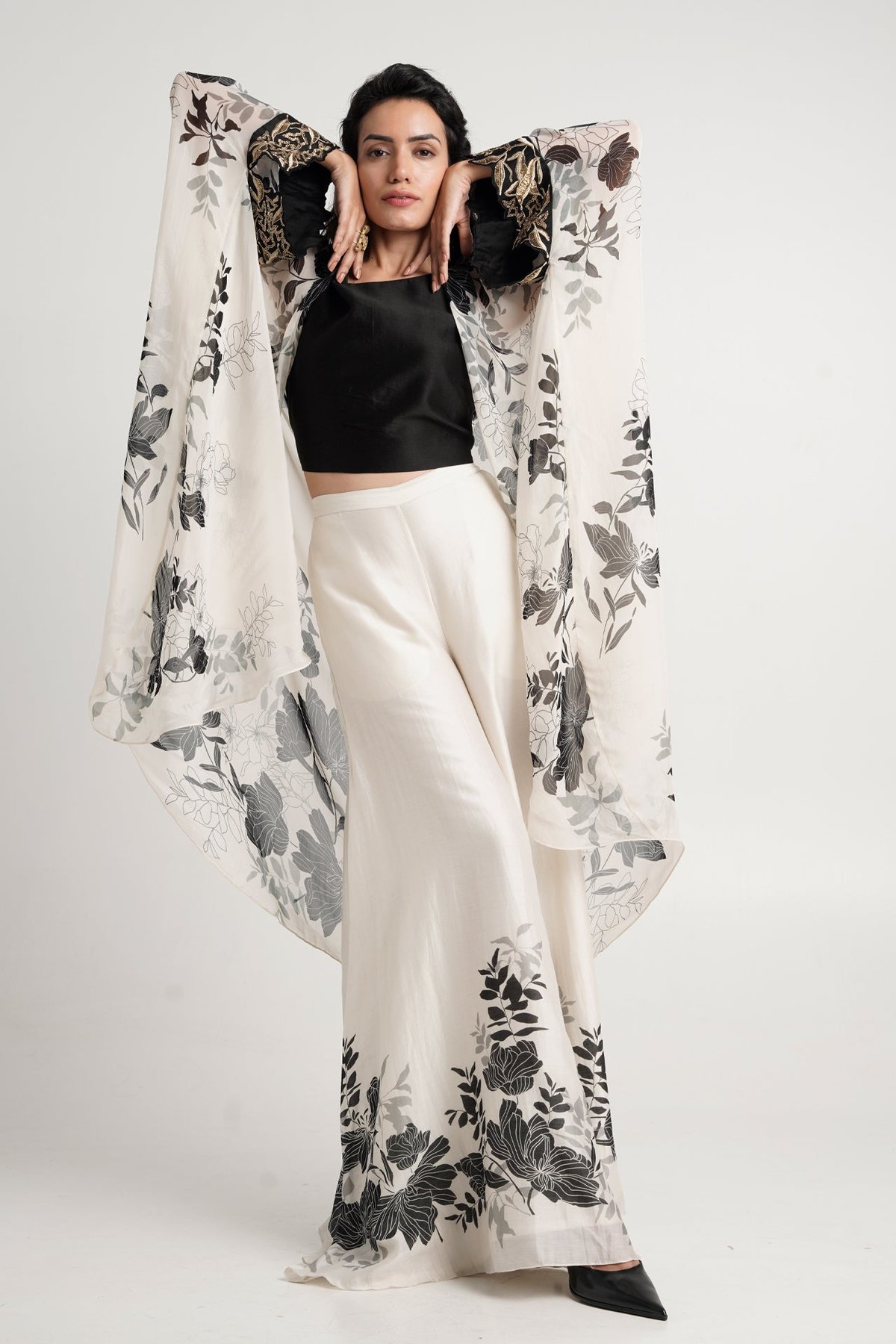 Monochrome Floral 3-Piece Cape Co-ord Set with Flare Pants