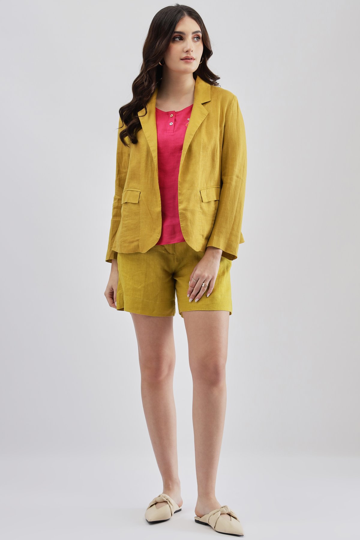 Lime Linen Tailored Open-Front Blazer