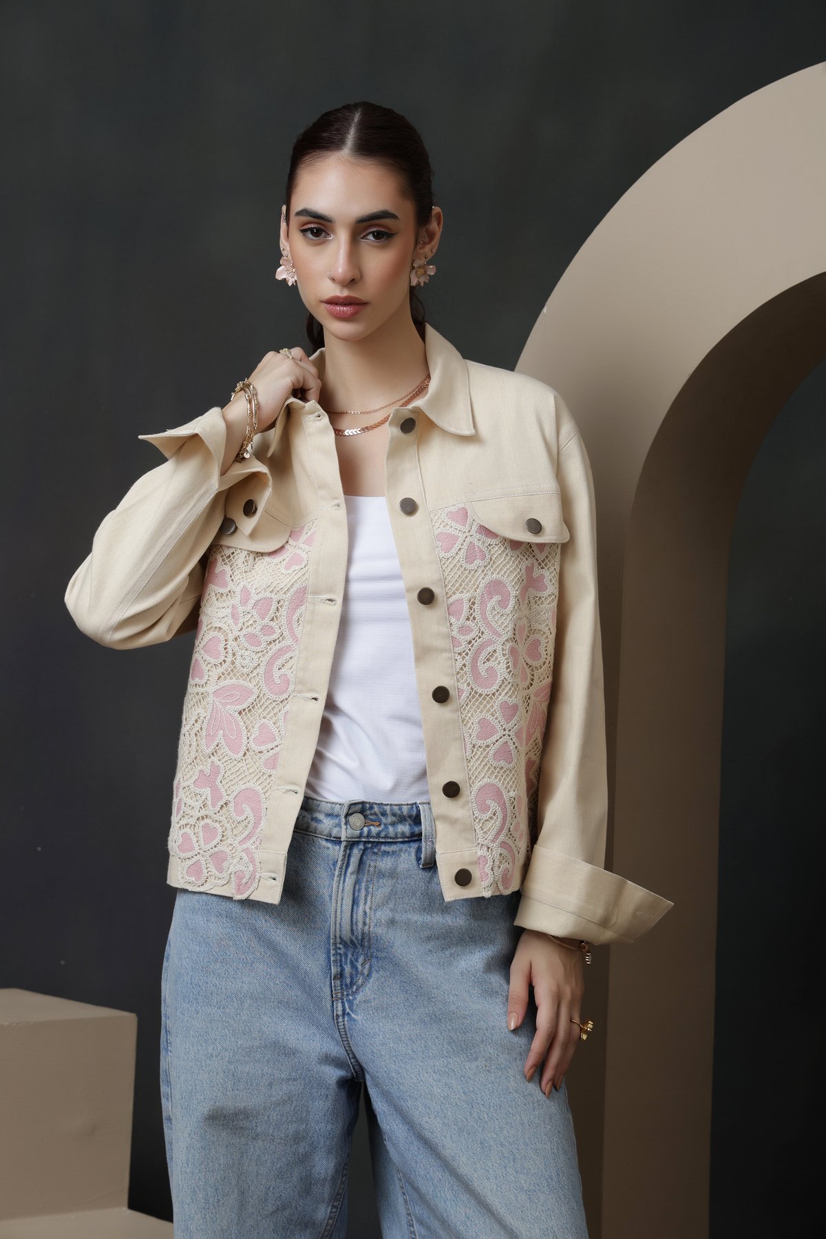 Ecru Denim Jacket with Pink Lace Panels