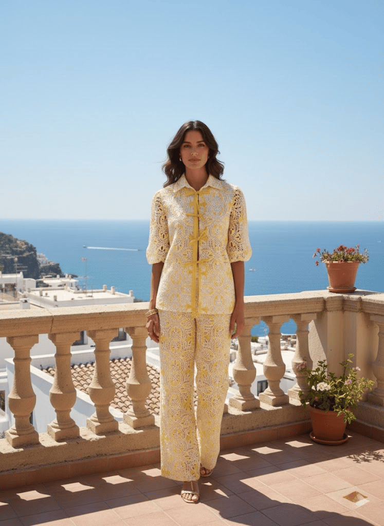 Yellow Cutwork Tie-Up Co-ord Set with Wide-Leg Pants
