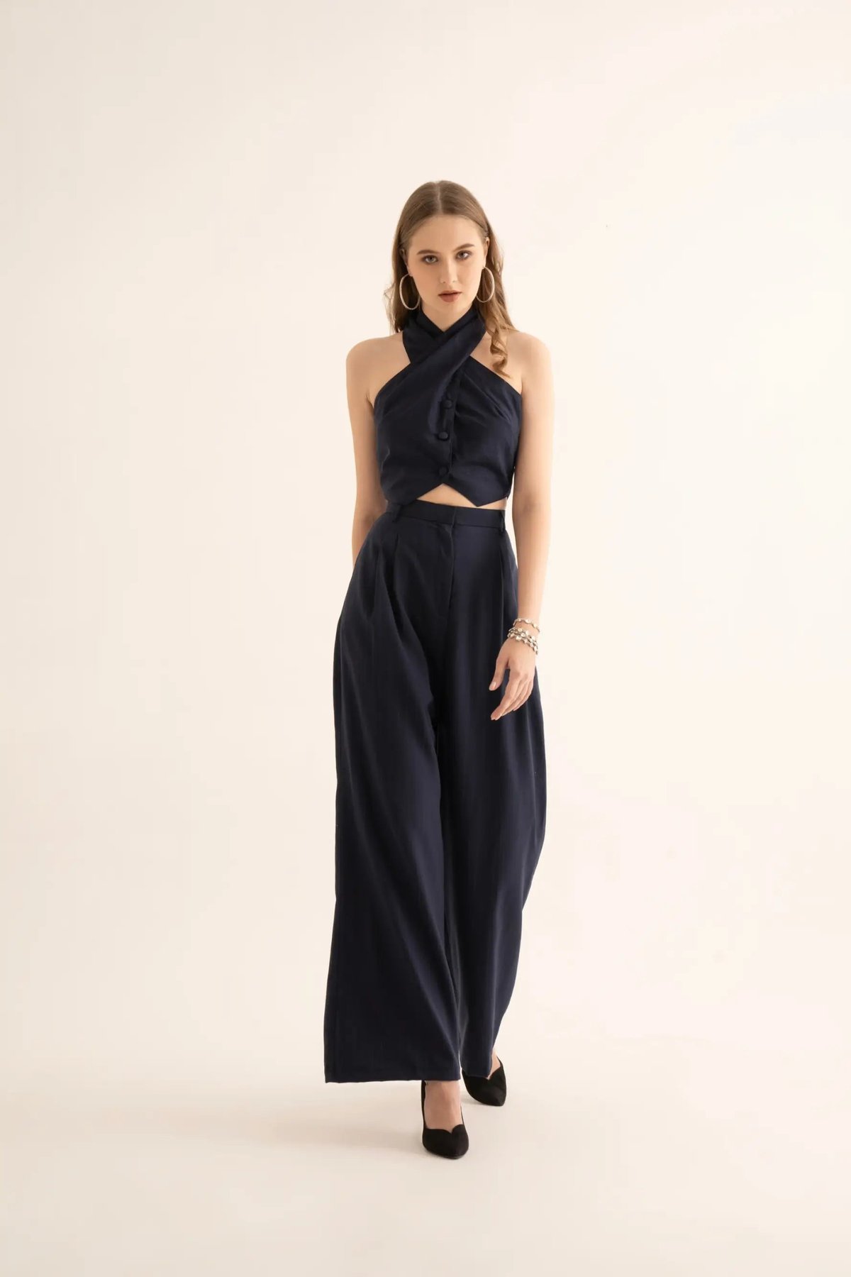 Black Pinstripe High-Waist Wide-Leg Suiting Trousers