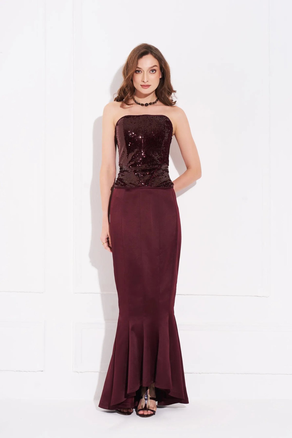 Burgundy Heavy Satin Mermaid Maxi Skirt with Ruffled Hem