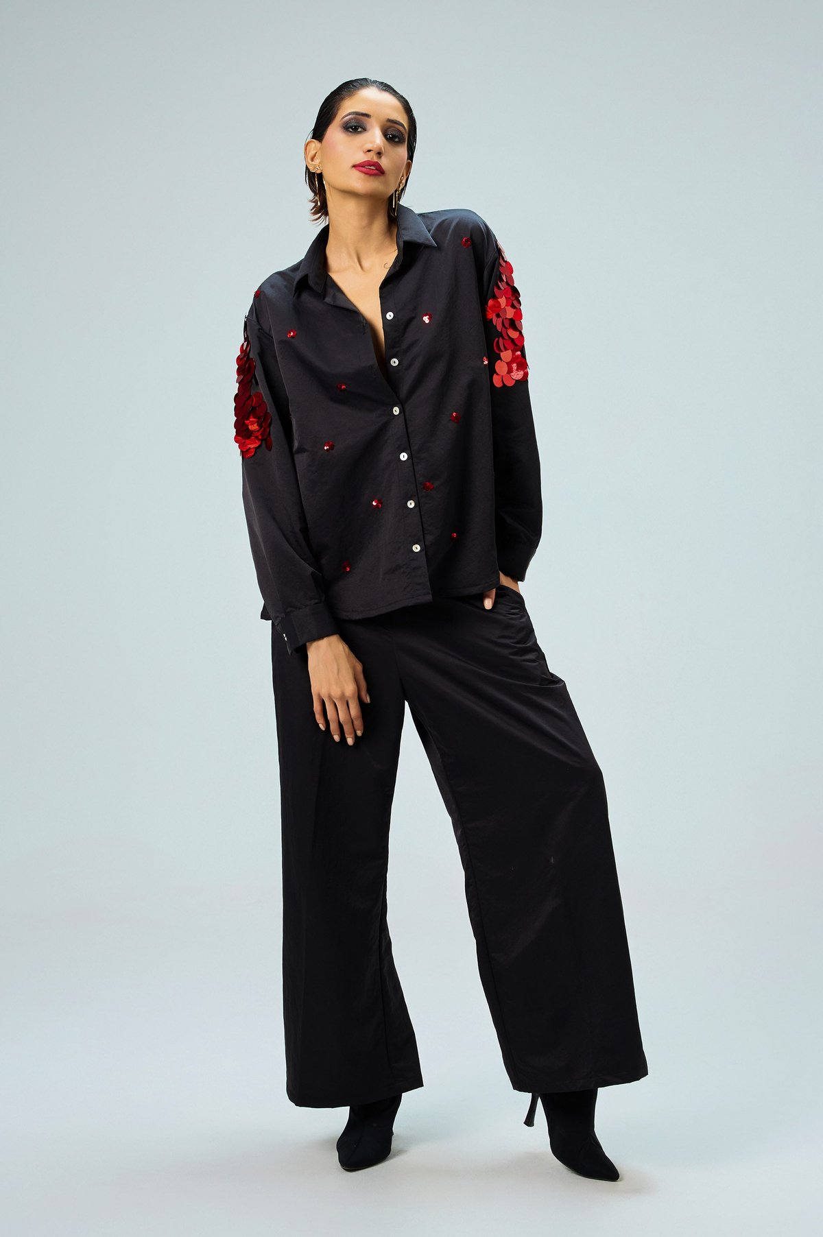 Black Sequin Sleeve Shirt and Wide-Leg Pants Co-ord Set