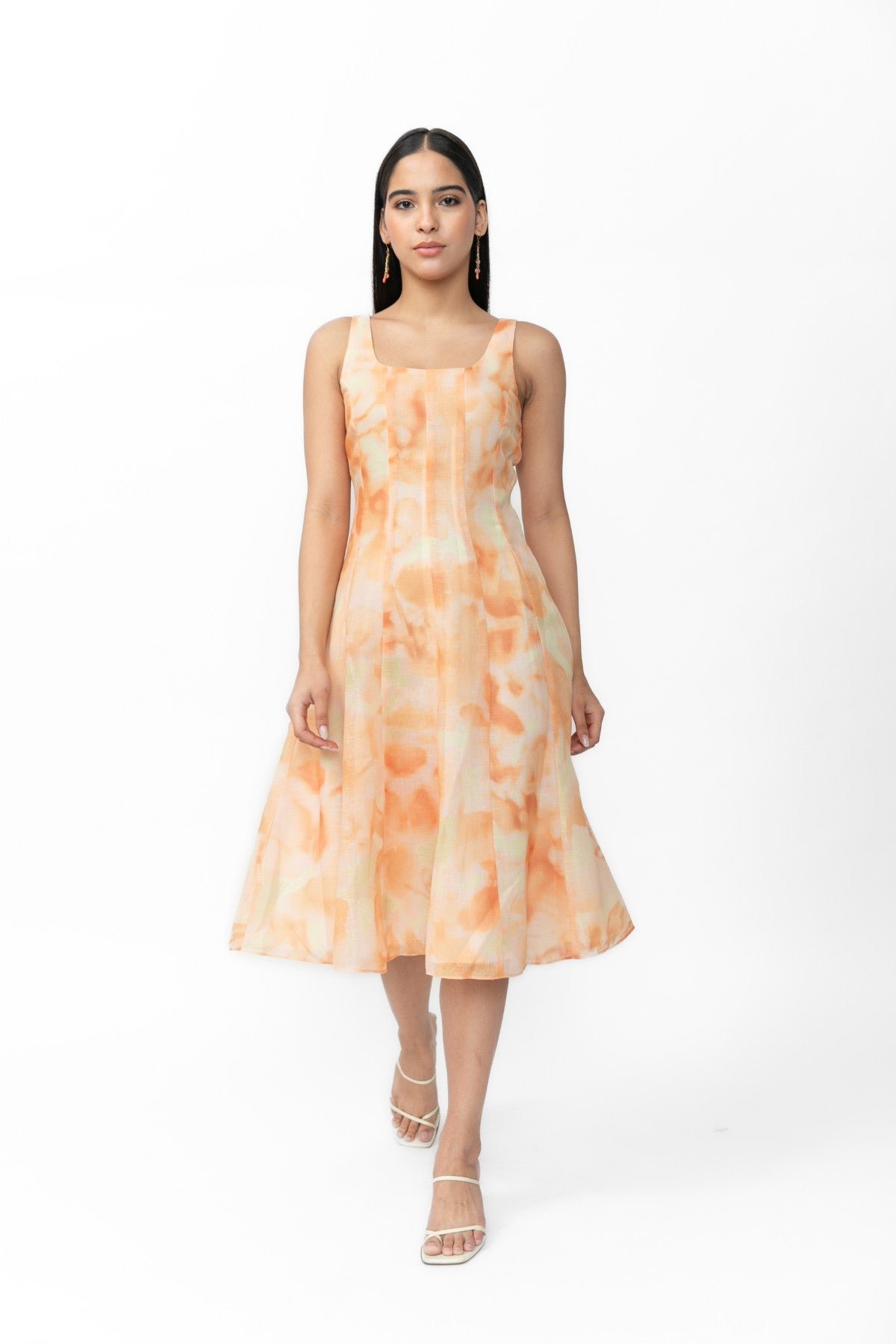 Orange Printed Poly Linen Square Neck Midi Dress