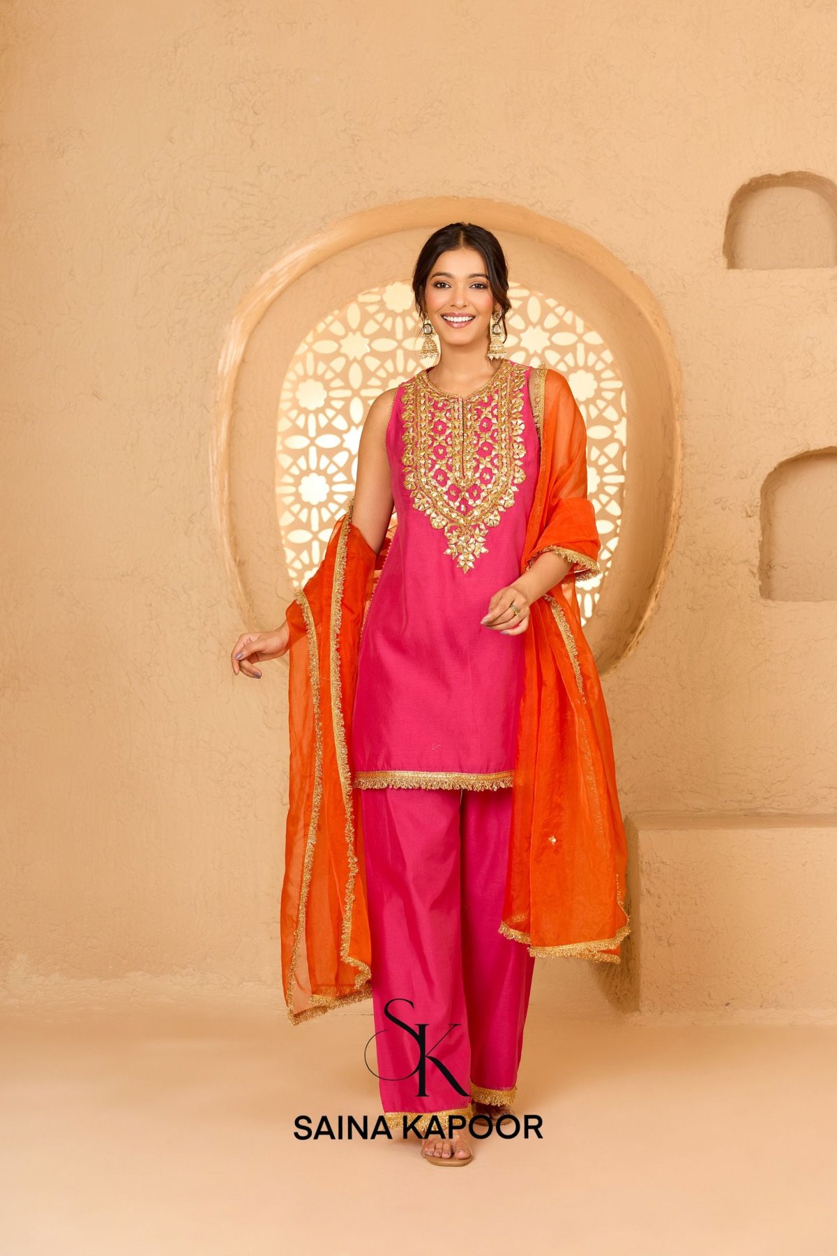 Fuchsia Cotton Chanderi Halter Neck Kurta Pant Set