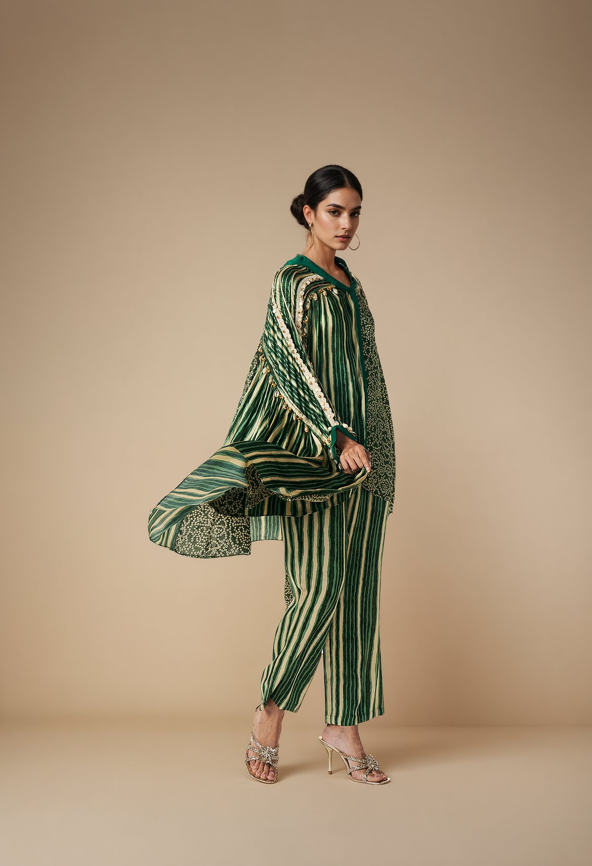 Olive Modal Satin Straight-Leg Striped Trousers