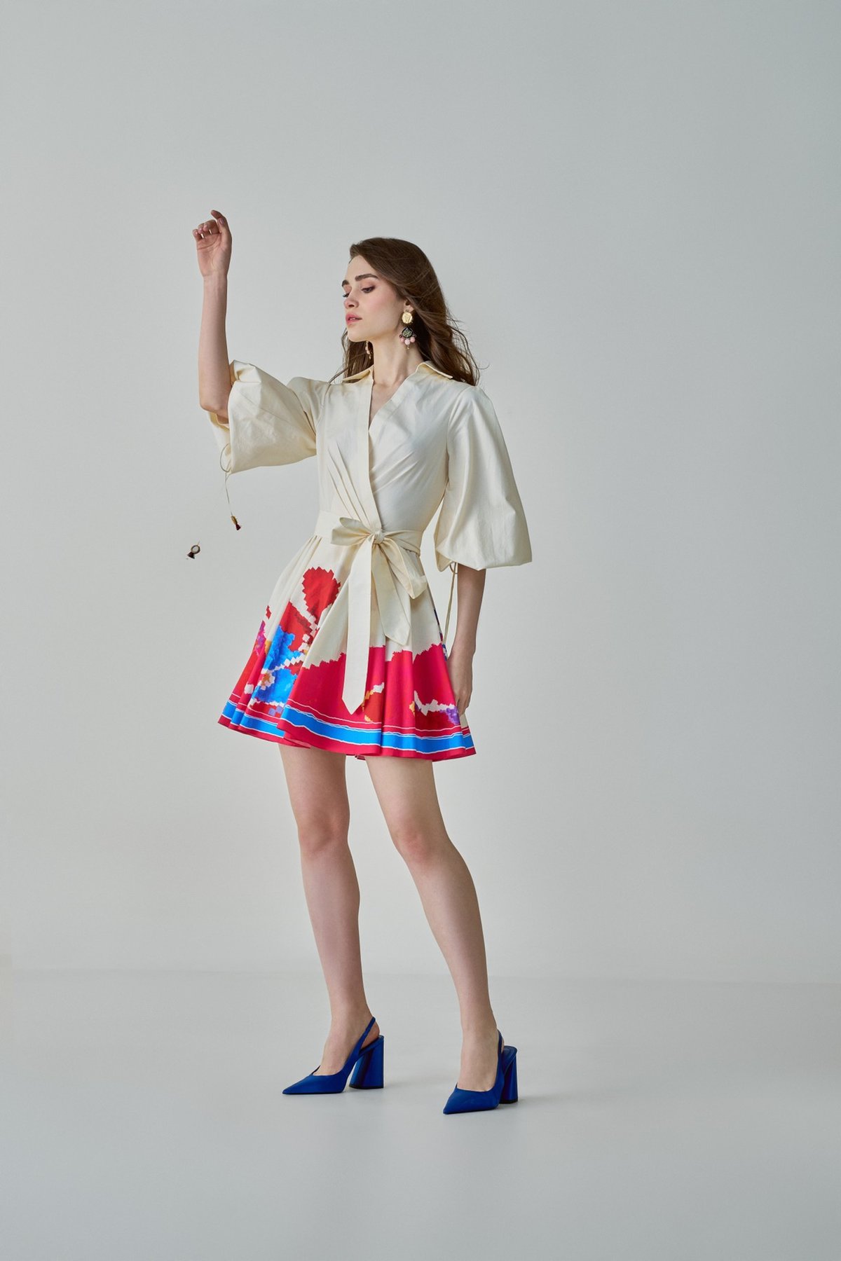 Ivory Wrap Collared Mini Dress With Placement Print
