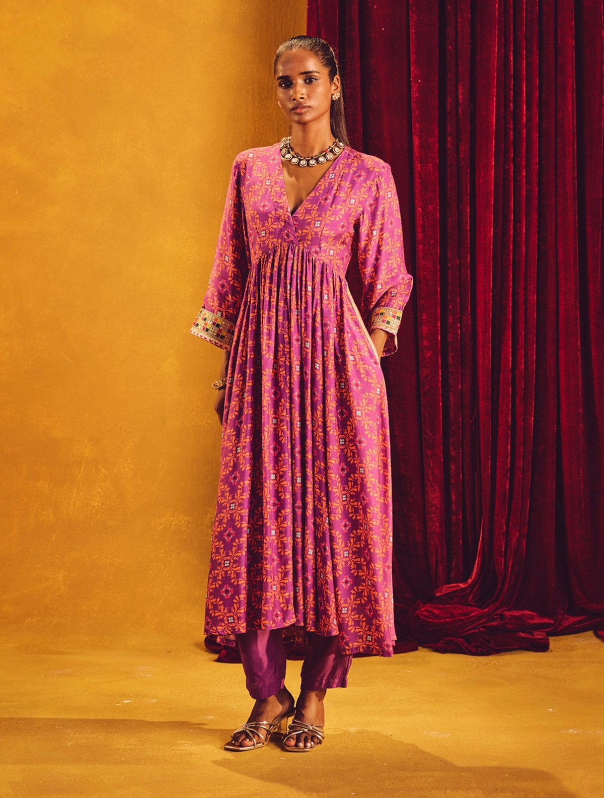 Purple Orange Jaal Print Viscose Anarkali High-Slit Kurta Set