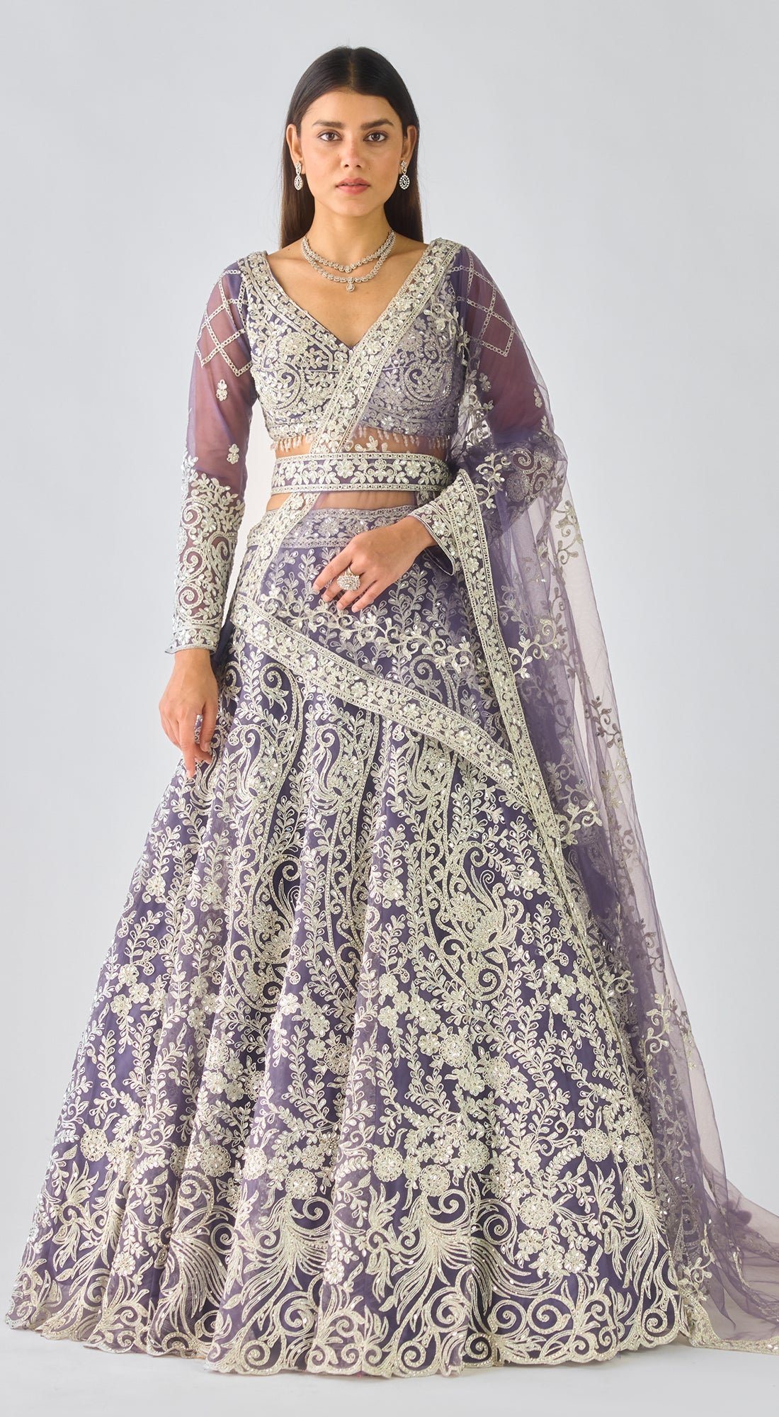 Purple Net Embroidered Lehenga Set with Belt