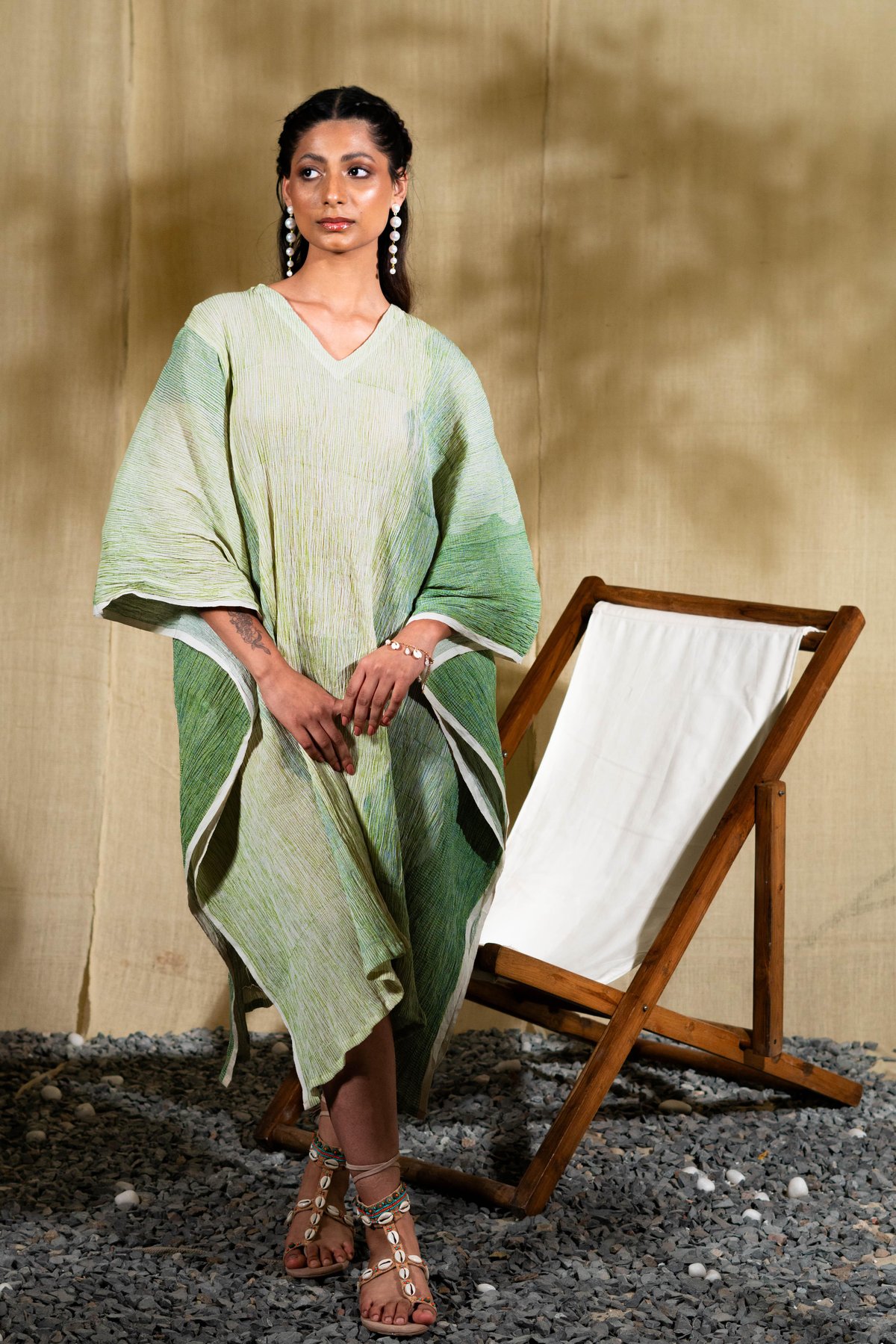 Green/Aqua Striped Crinkled Cotton Kaftan