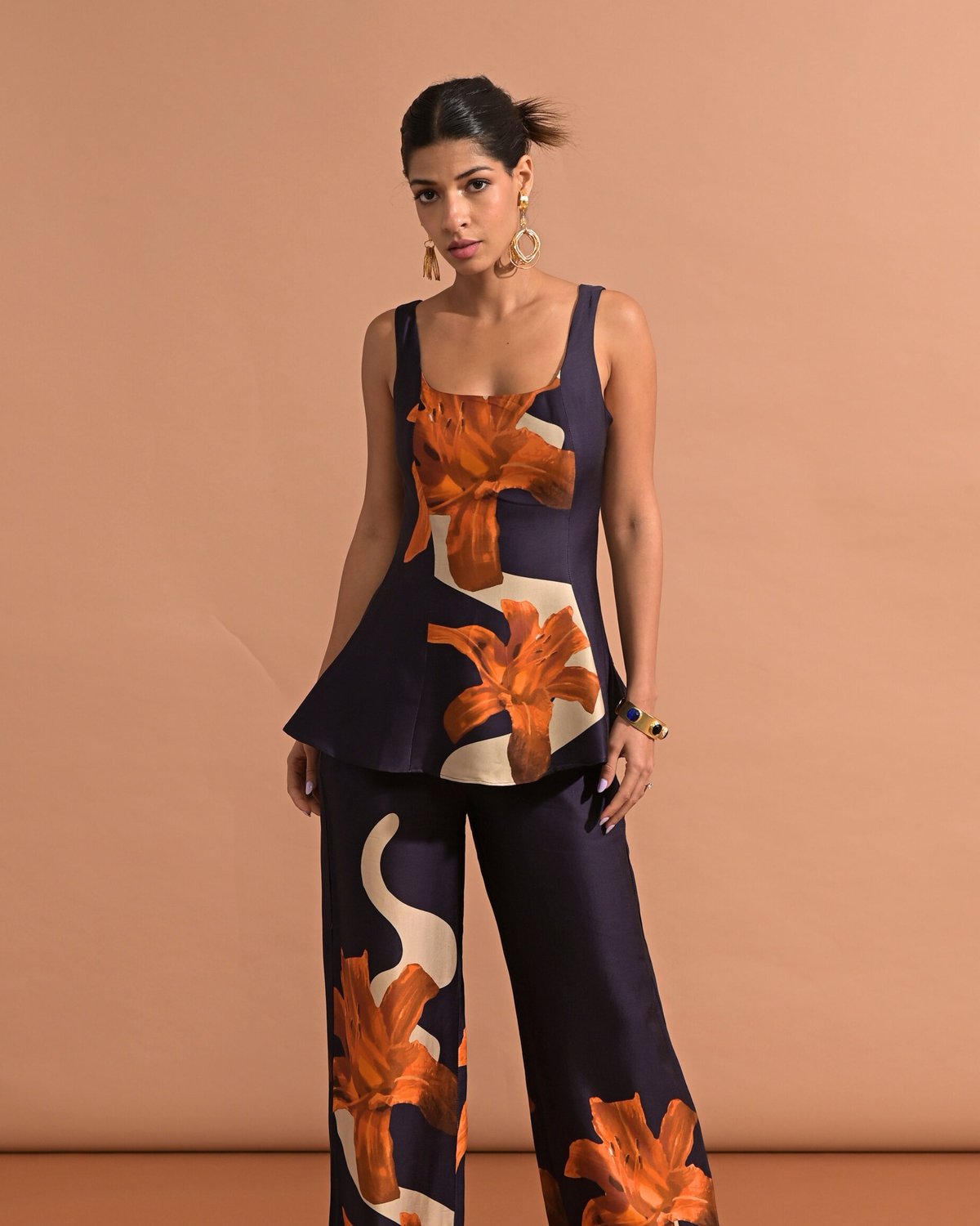 Navy Floral Modal Satin Square-Neck Sleeveless Top