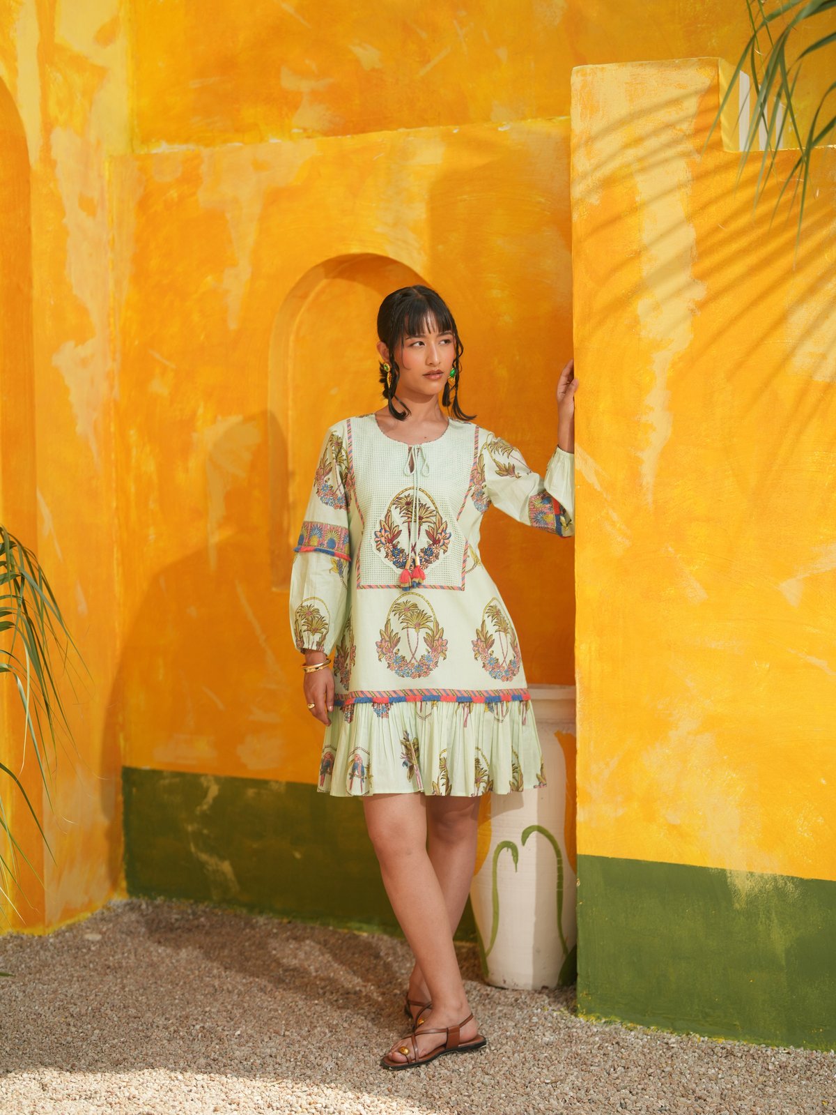 Cool Mint Palm Print Tiered Mini Dress