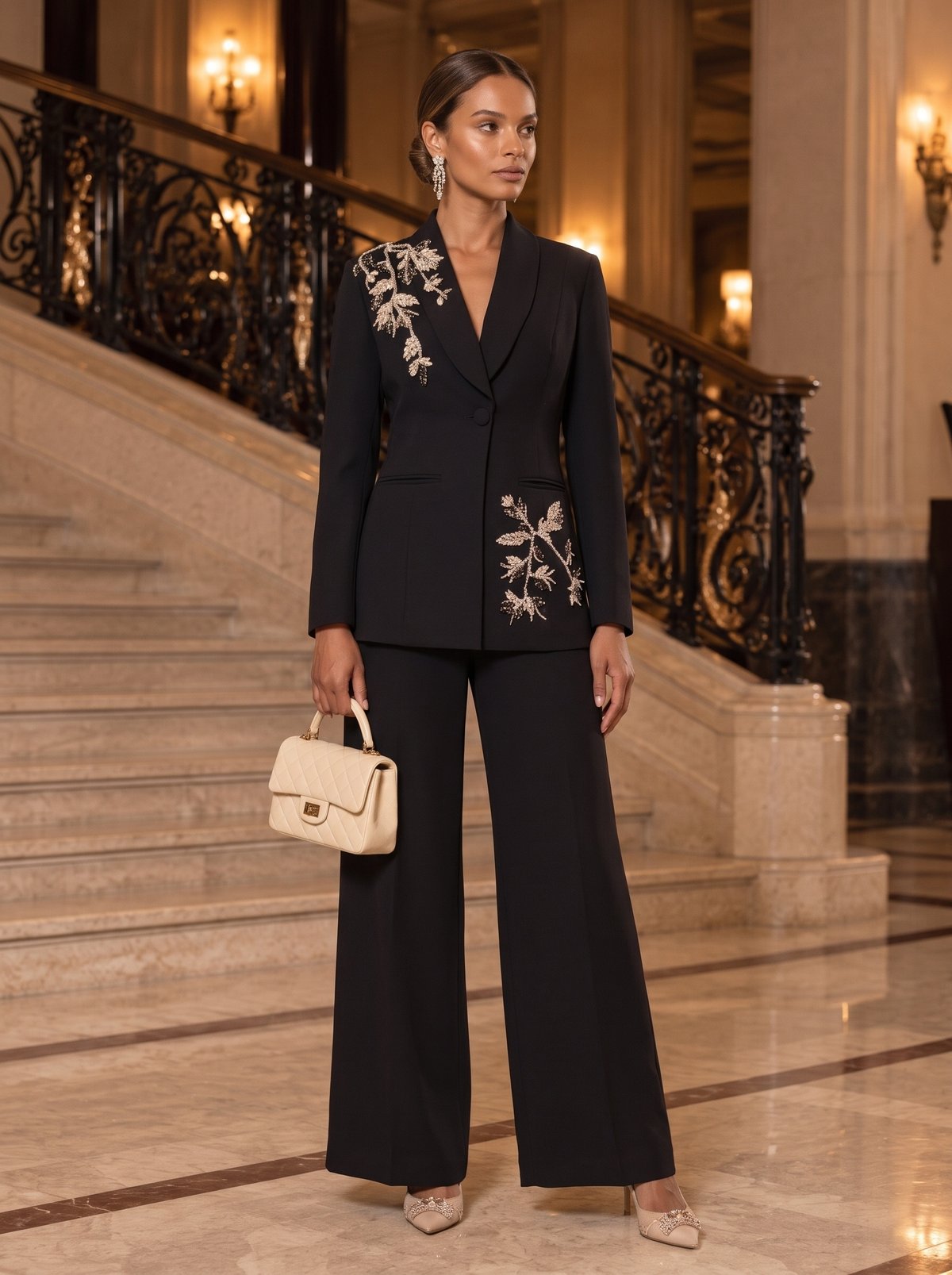Embellished Blazer And Wide-Leg Trouser Set