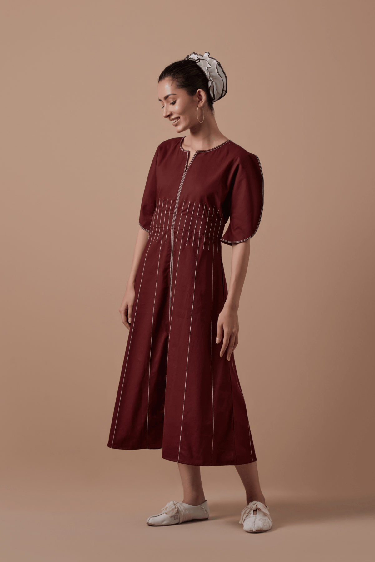 Maroon A-Line Midi Dress with Boat Neck