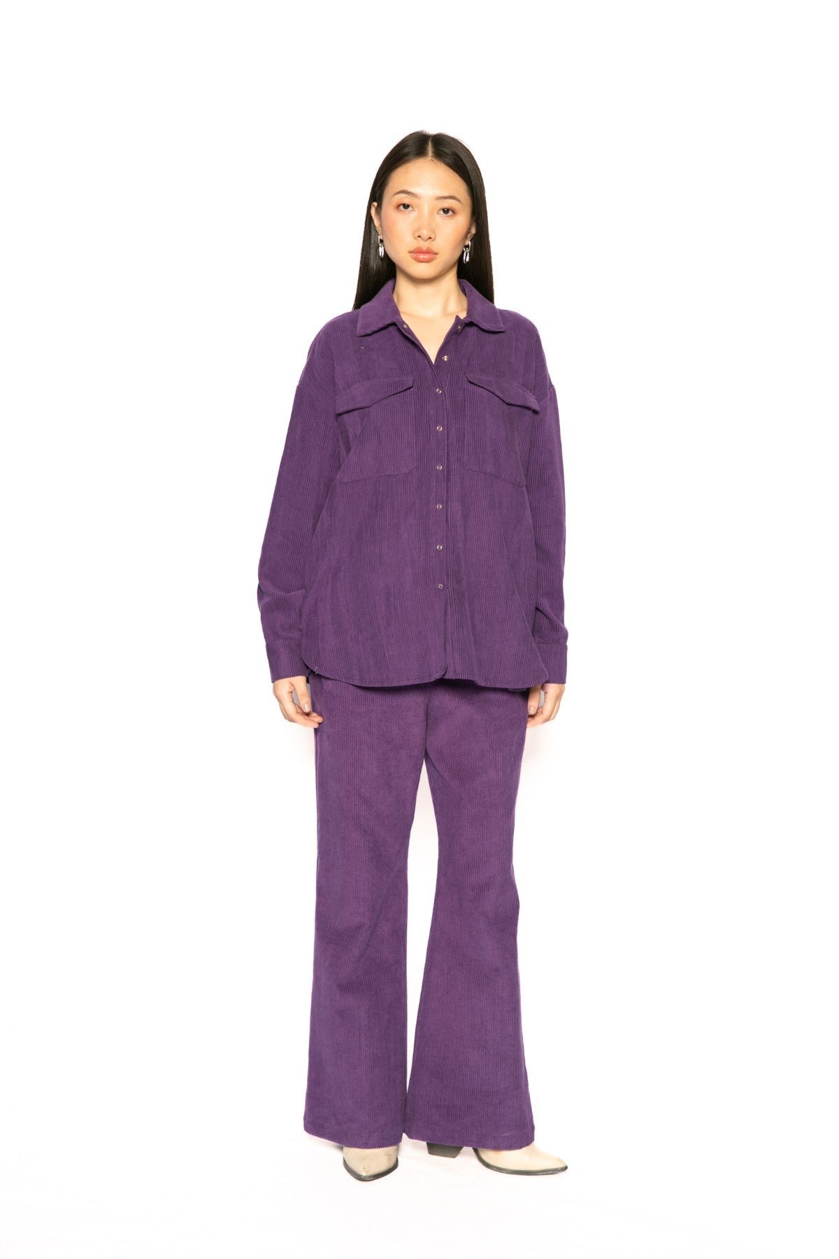 Purple Corduroy Mid-Rise Bell Bottom Trousers