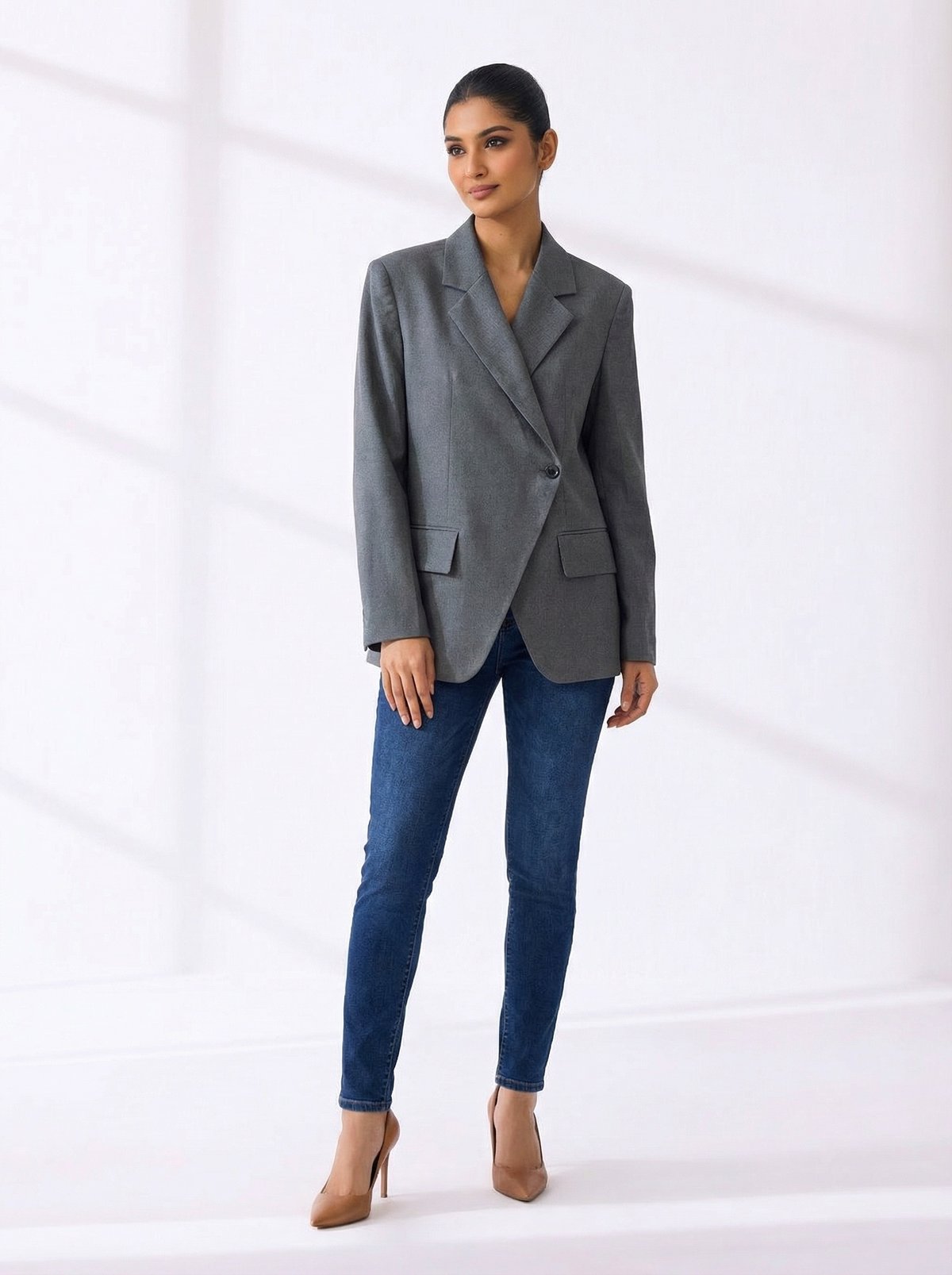 Double Lapelled Single Breasted Oversized Blazer Grey