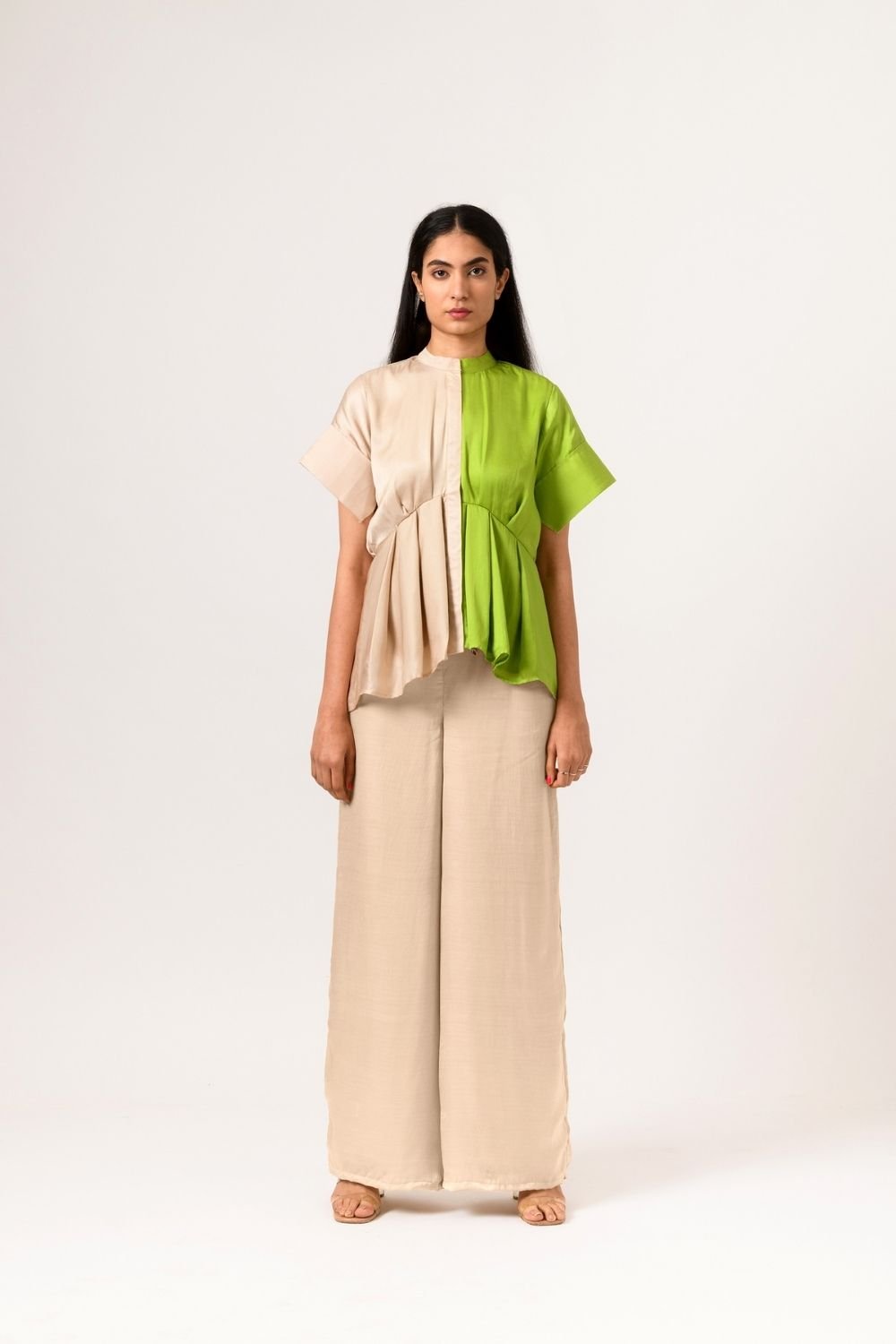 Green and Beige Colorblock Peplum Blouse with Mandarin Collar