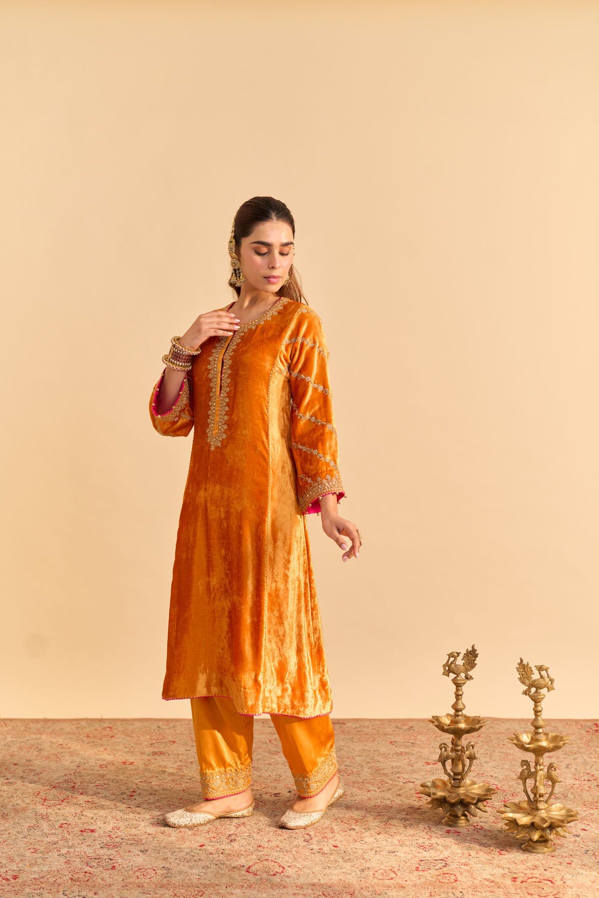 Orange Velvet Silk Embroidered Kurta Set with Salwar