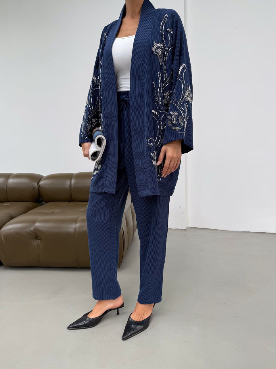 Blue Longline Embroidered Open-Front Shrug