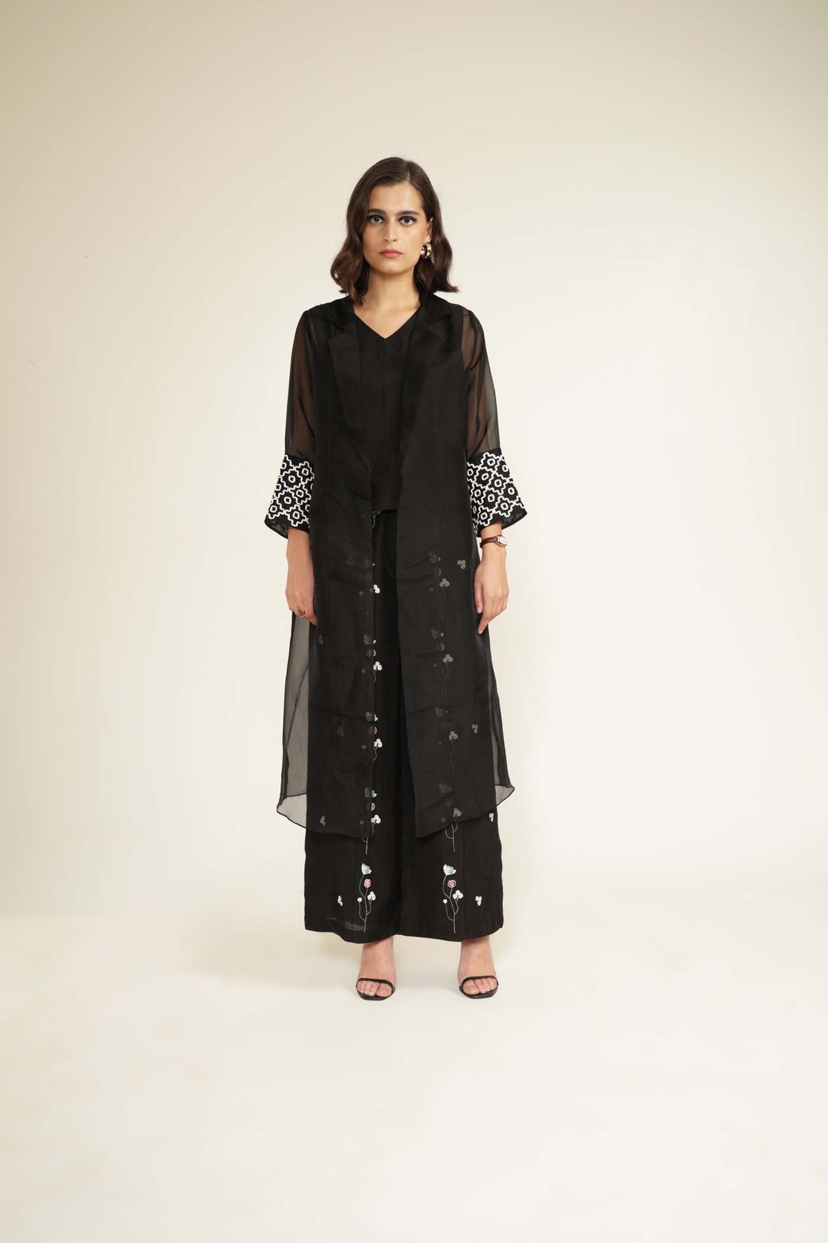 Black Organza Jacket, Top and Wide-Leg Pants Co-ord Set