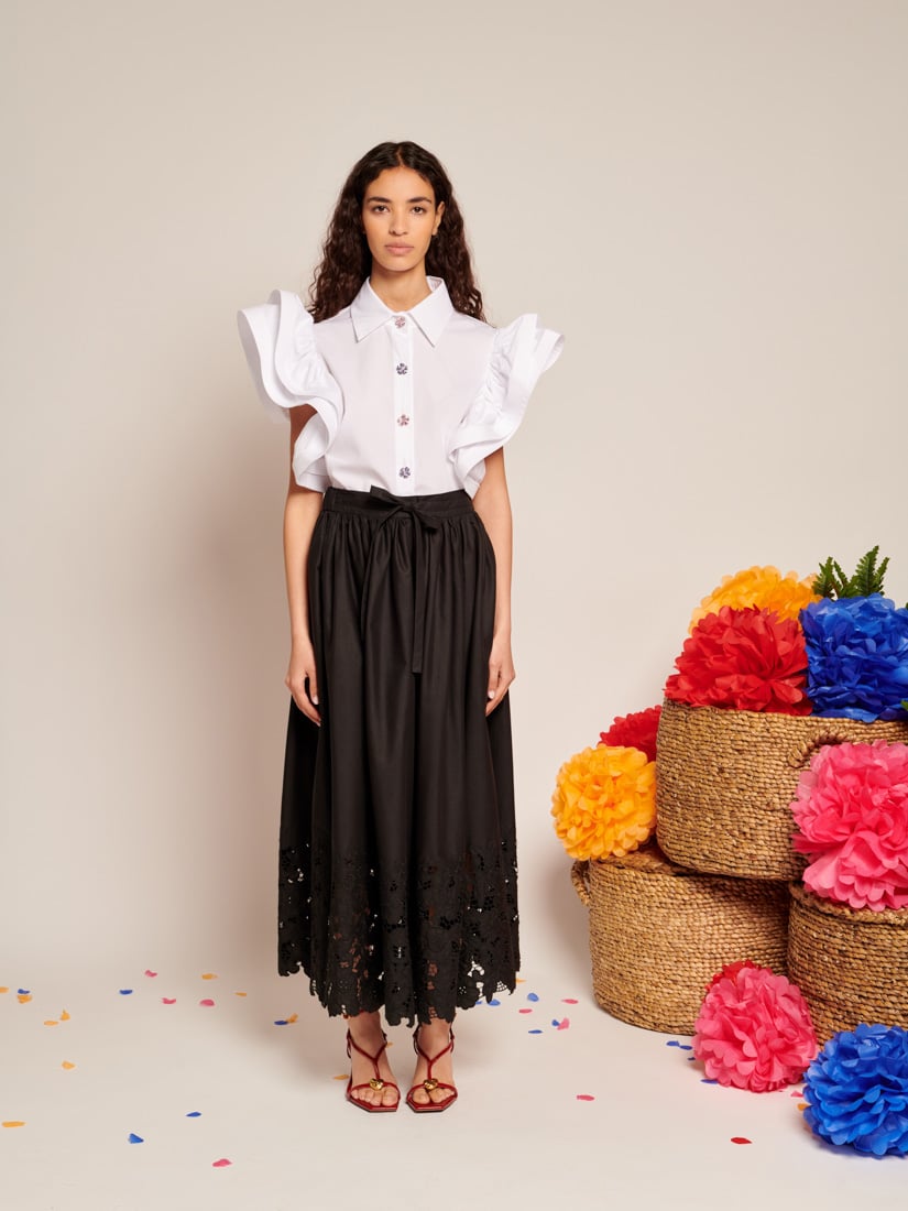 Black High-Rise Midi Skirt with Floral Cutwork Hem