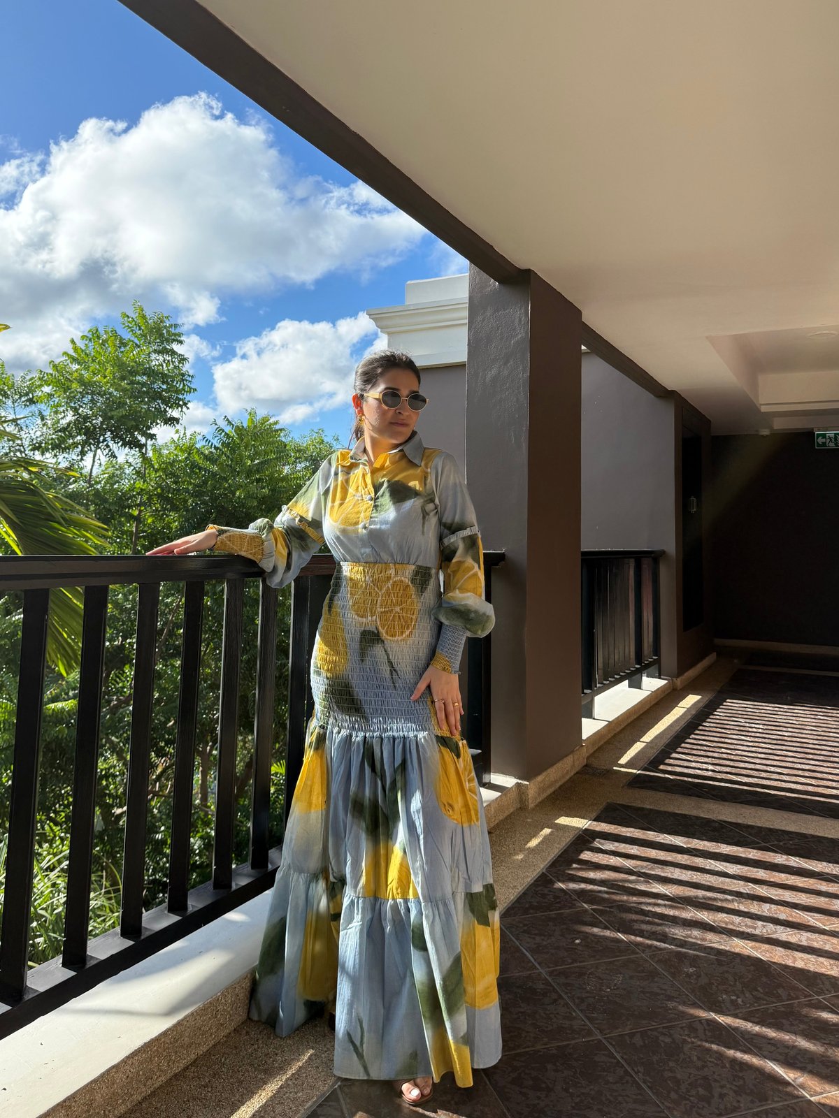 Blue Lemon Print Collared Tiered Maxi Dress