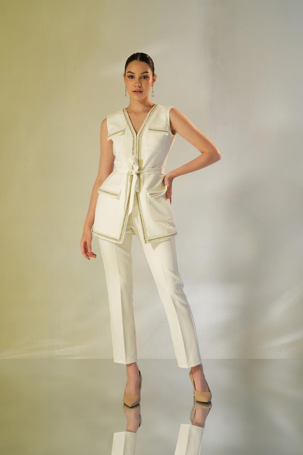 Ivory Pearl-Trim Longline Jacket and Pants Co-ord Set