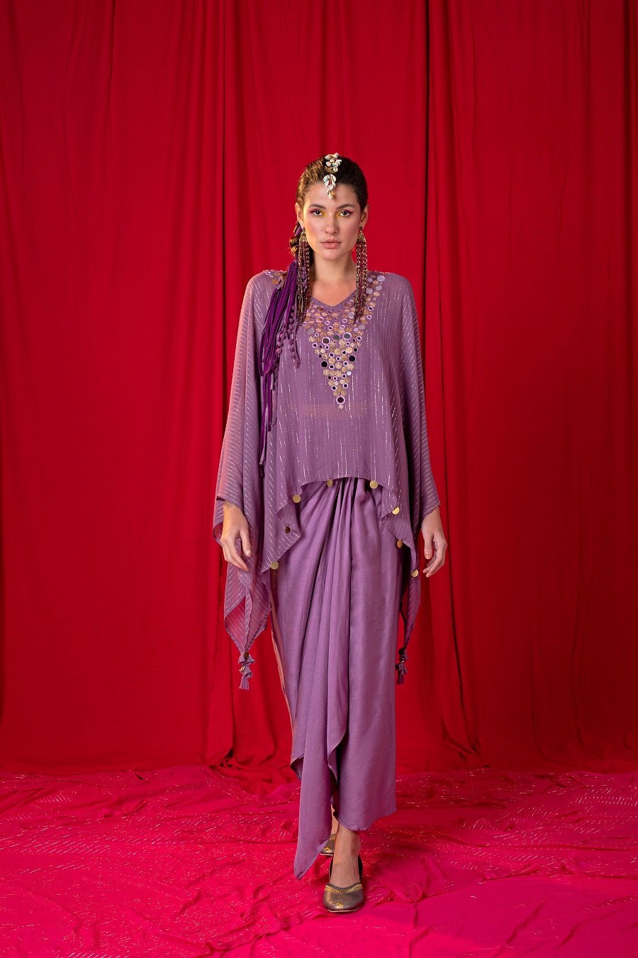 Lavender Shimmer Cape and Draped Maxi Skirt Co-ord Set