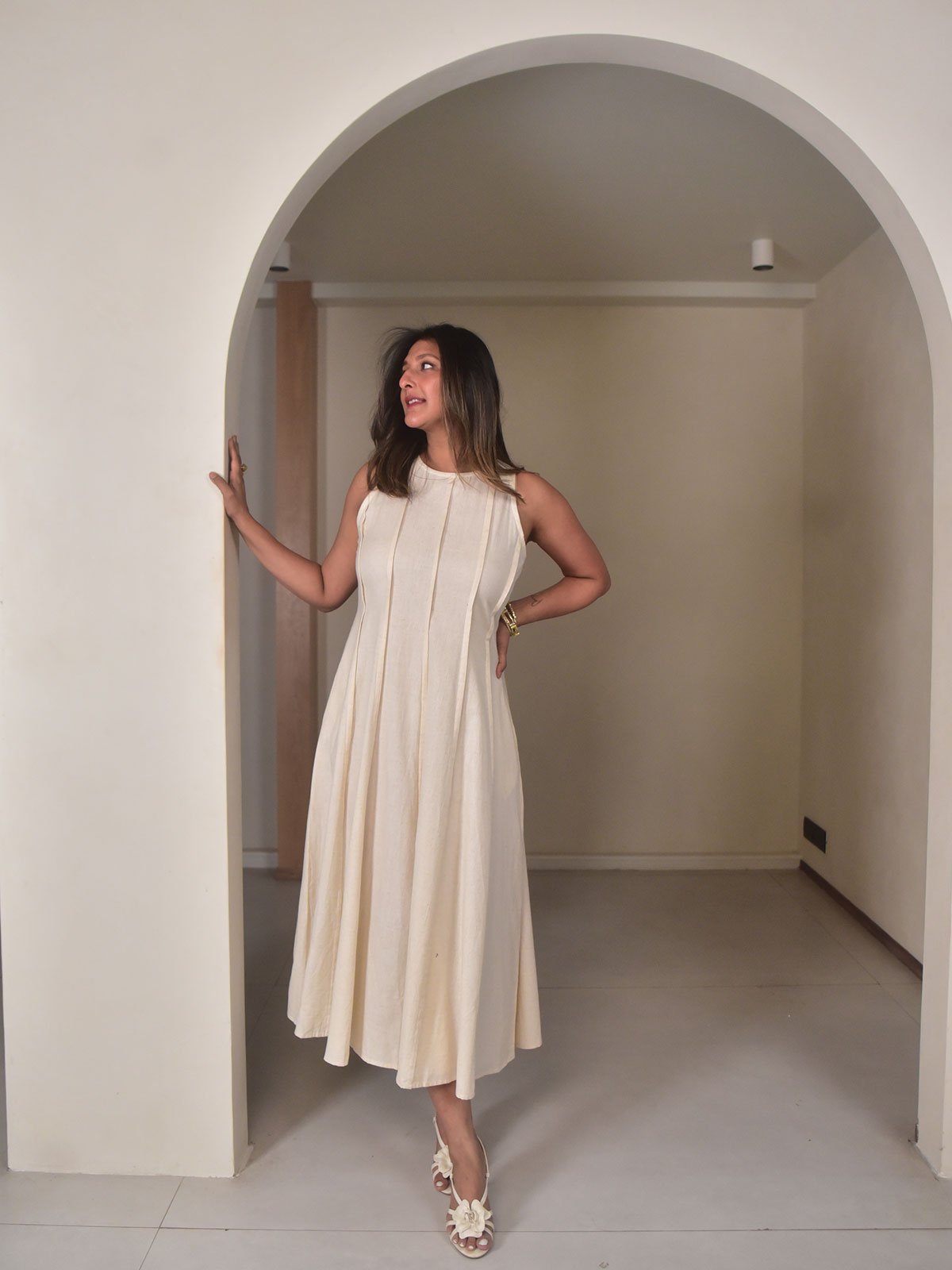 Beige Cotton Linen Panelled Fit and Flare Midi Dress