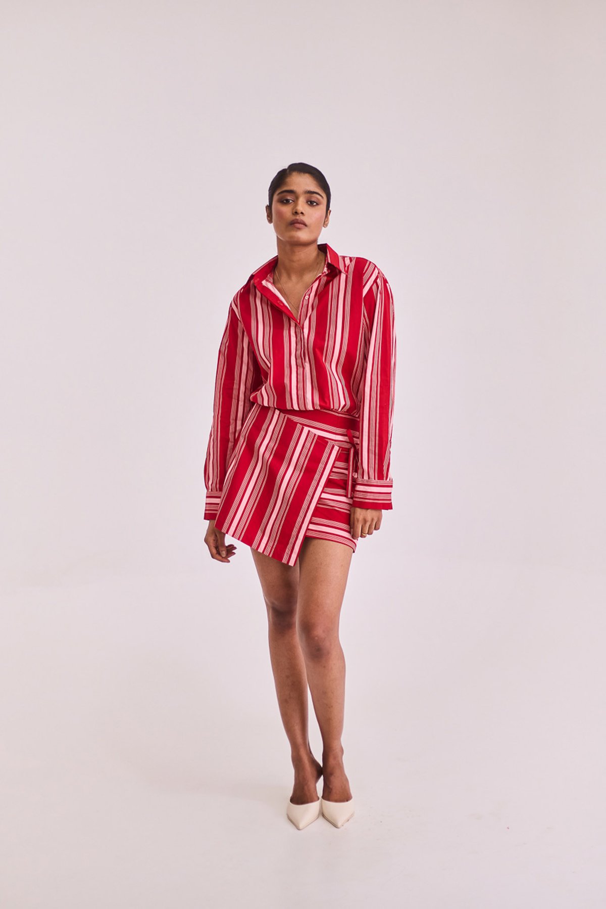 Red Striped Poplin Overlap Mini Shirt Dress