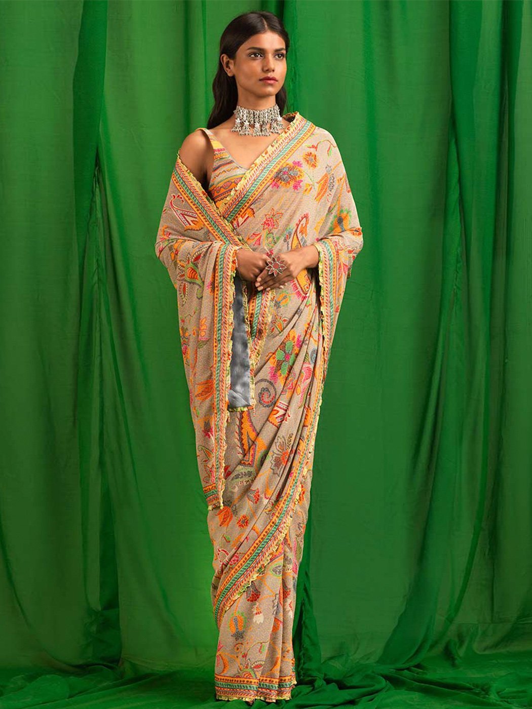 Grey Paisley Print Georgette Saree with Border