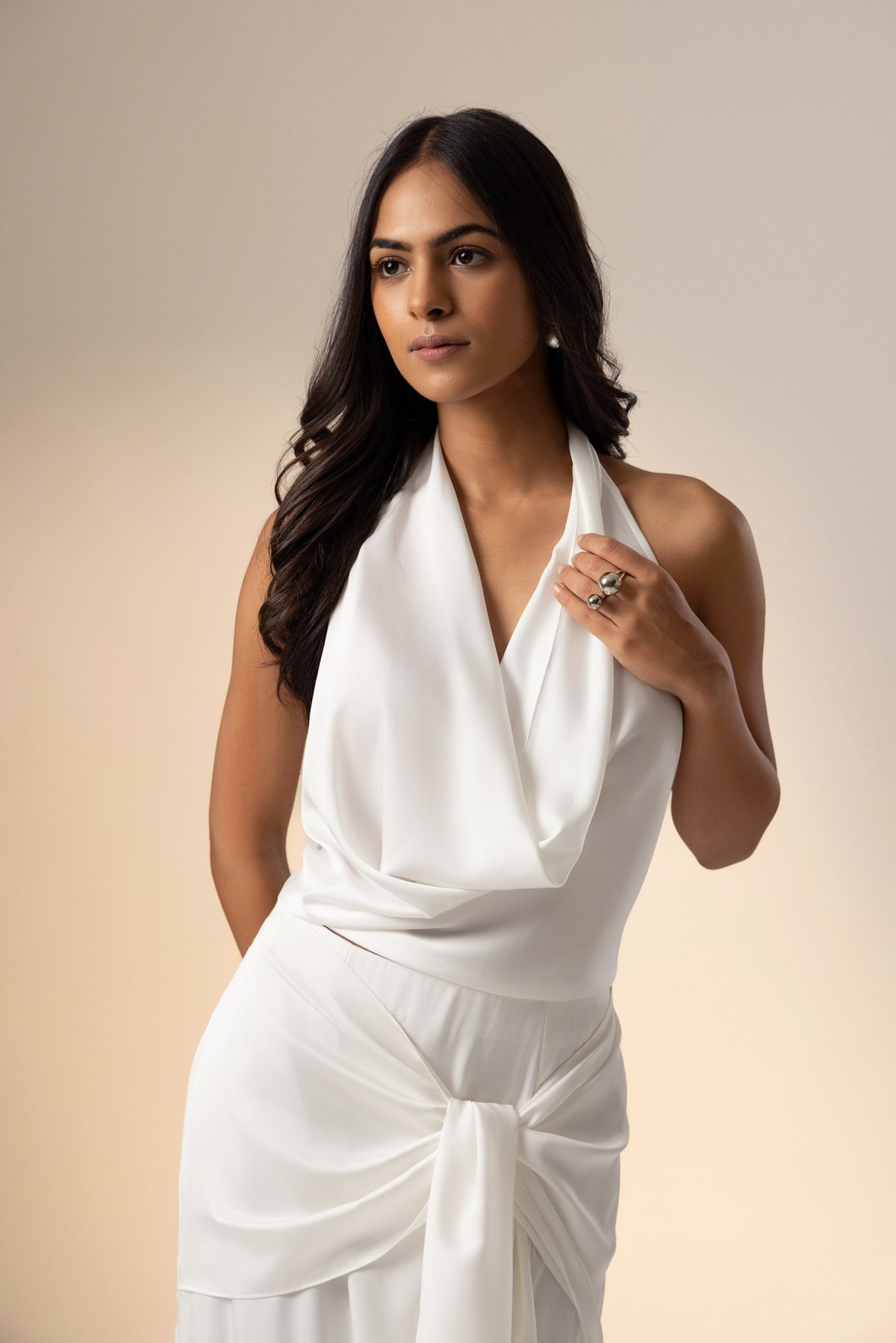 White Satin Halter Cowl Neck Tie-Back Top