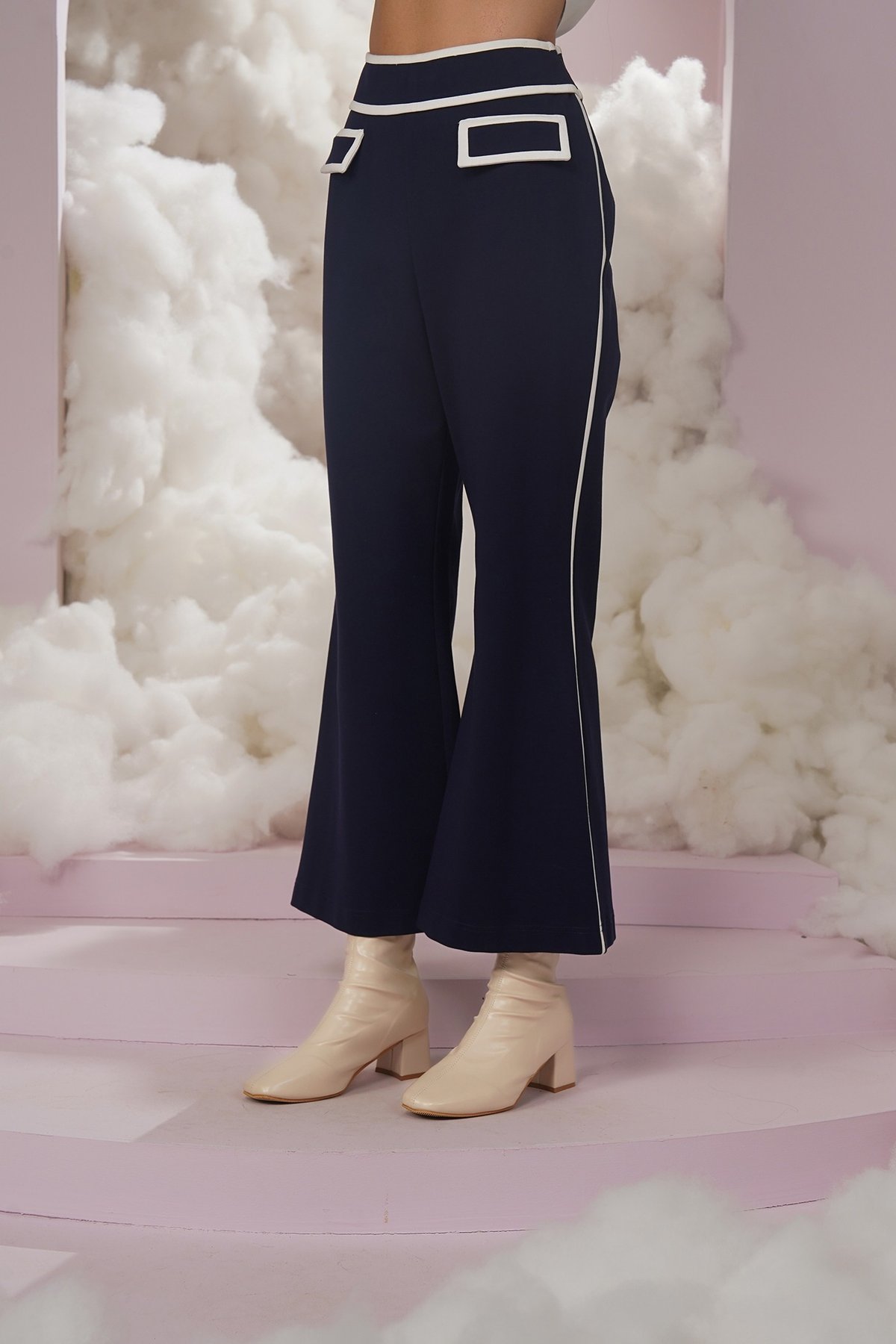Navy High-Rise Bootcut Trousers with Contrast Piping