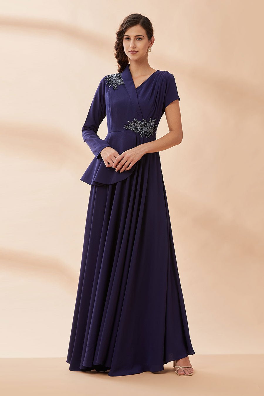 Navy Crystal-Embellished Blazer Gown Maxi Dress
