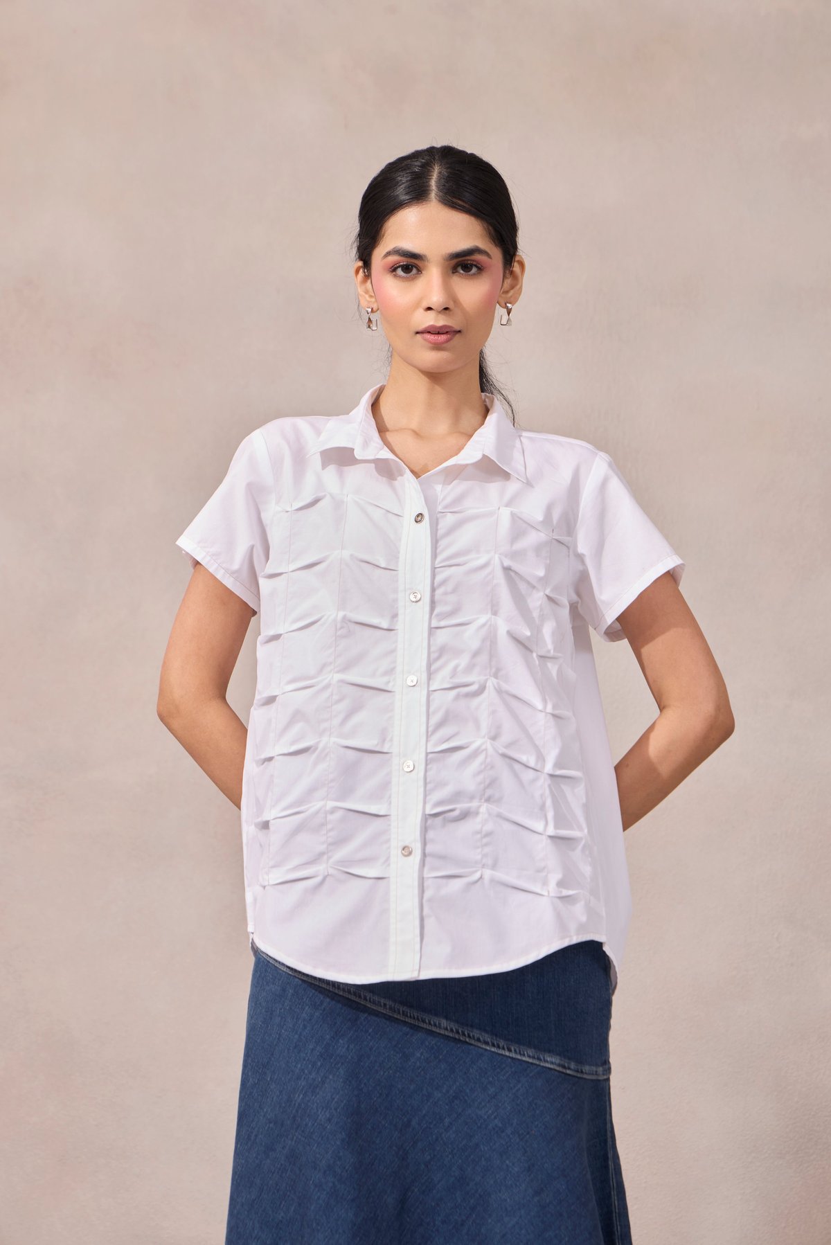 Bright White Pleated Front Cotton Poplin Shirt