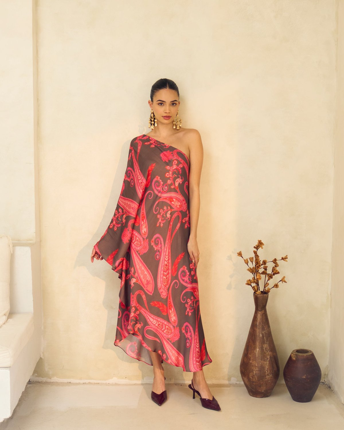 Multicolor Paisley One-Shoulder Midi Dress