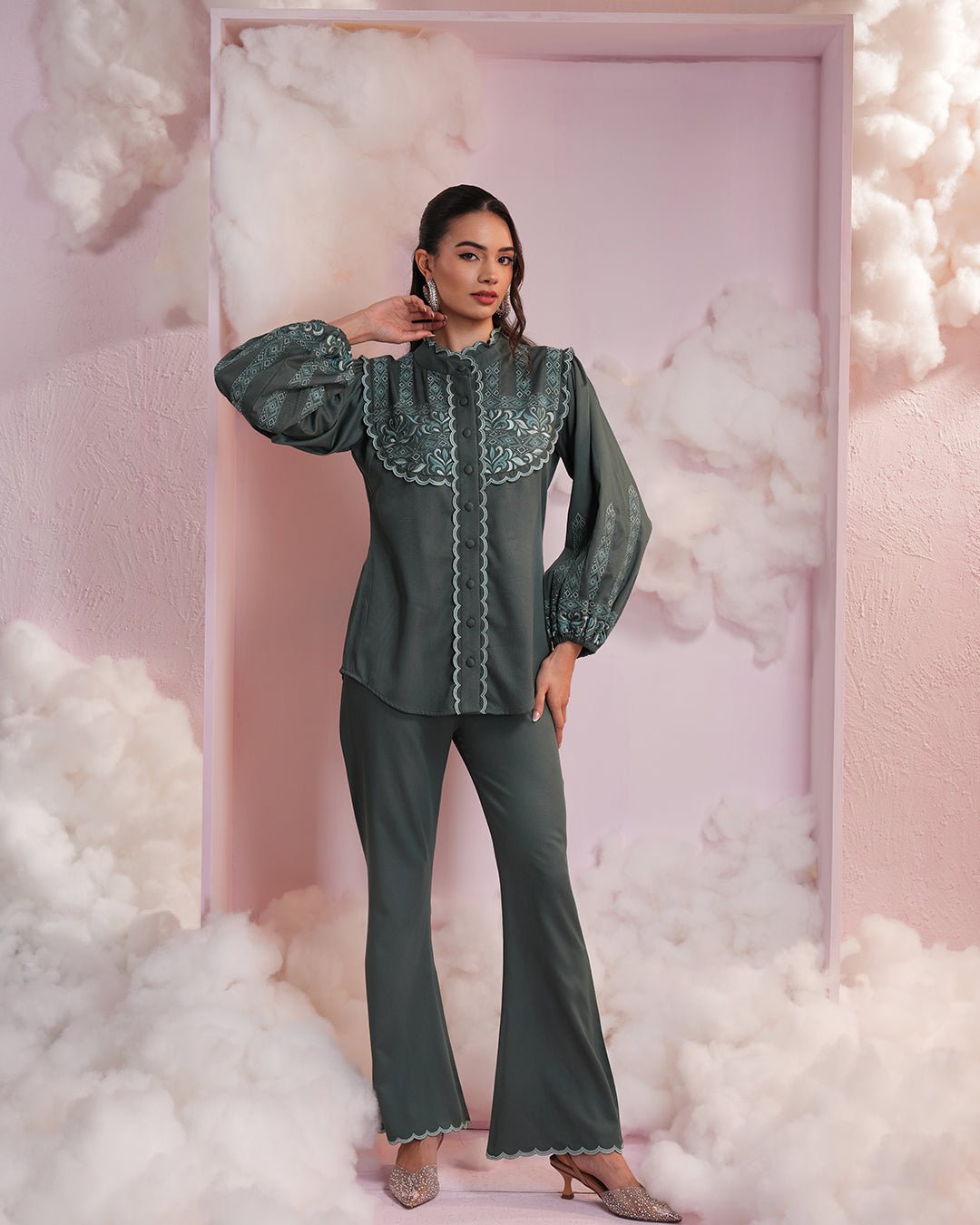 Bottle Green Embroidered Shirt and Flared Pants Co-ord Set