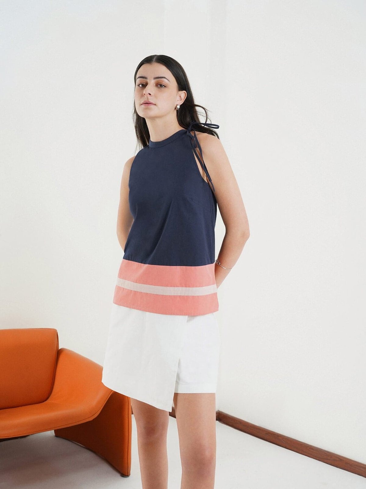 Navy Blue Cotton Halter Neck Colorblock Hem Top