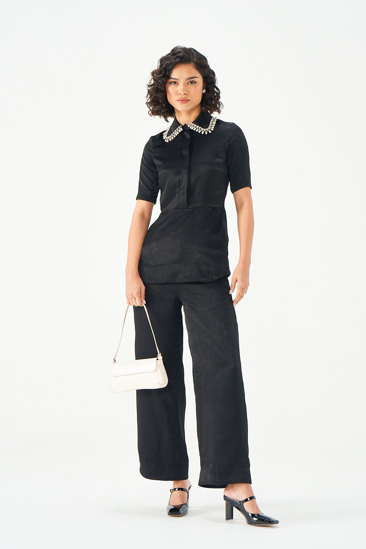 Black Embellished Collar Co-ord Set with Wide-Leg Pants
