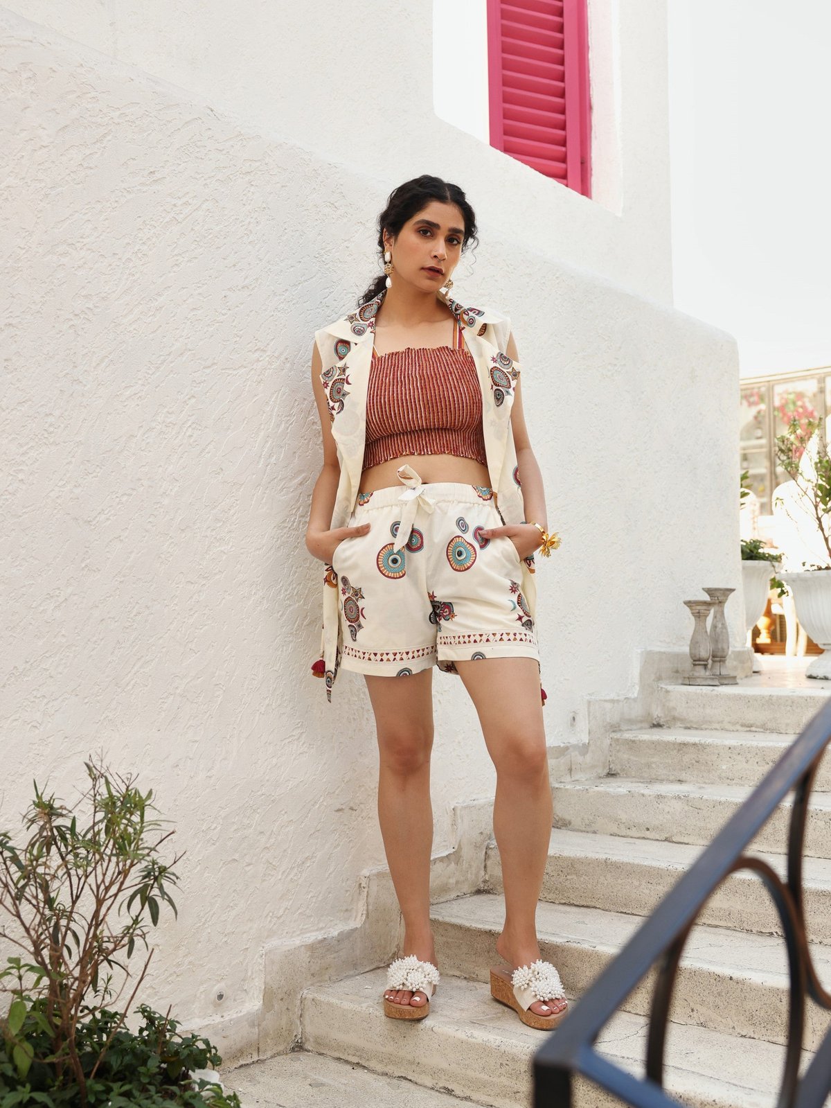 Maroon & Mustard Sun & Moon Print Blouse, Shorts & Jacket Set