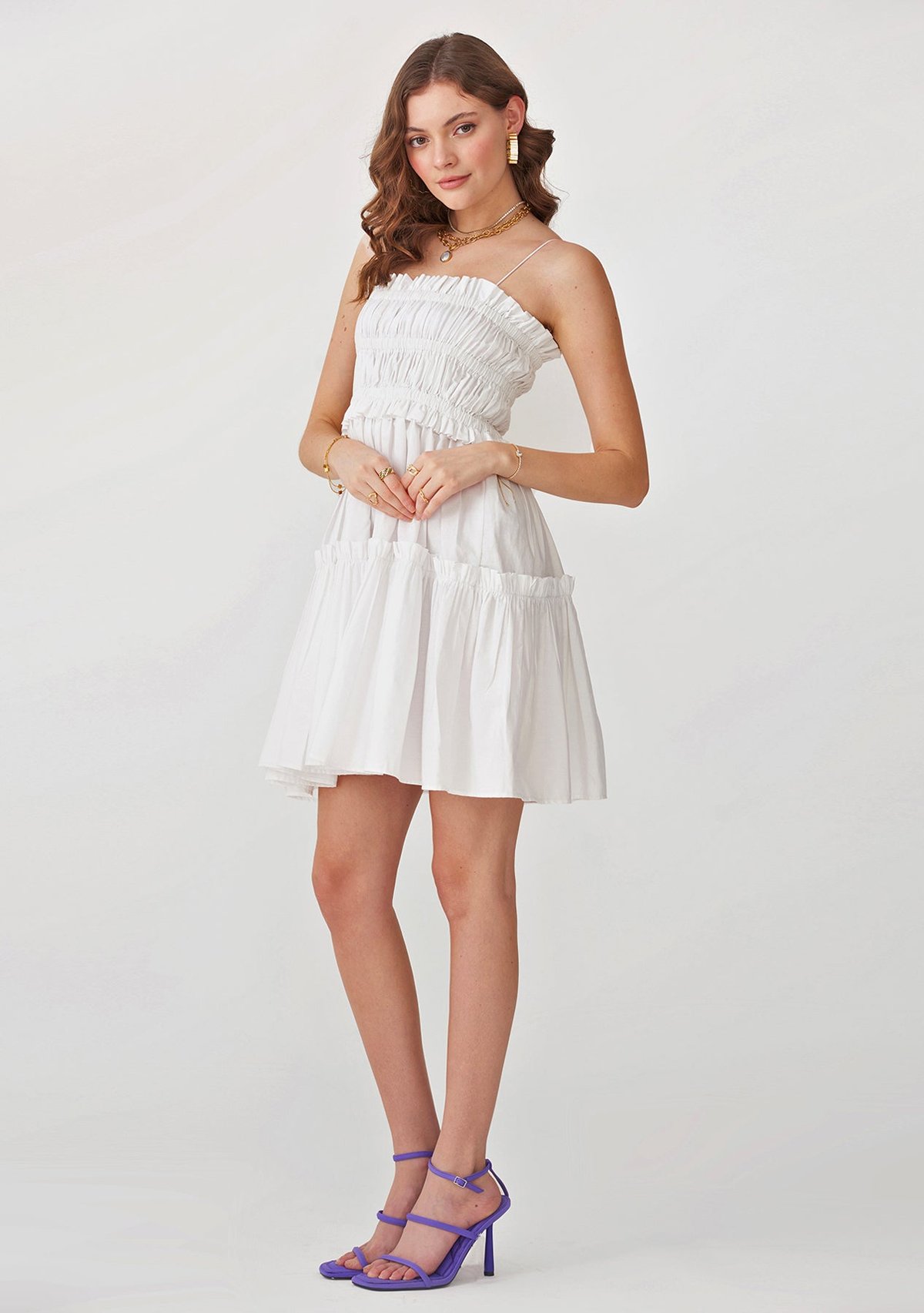 White Tiered Smocked Mini Dress with Detachable Sleeves