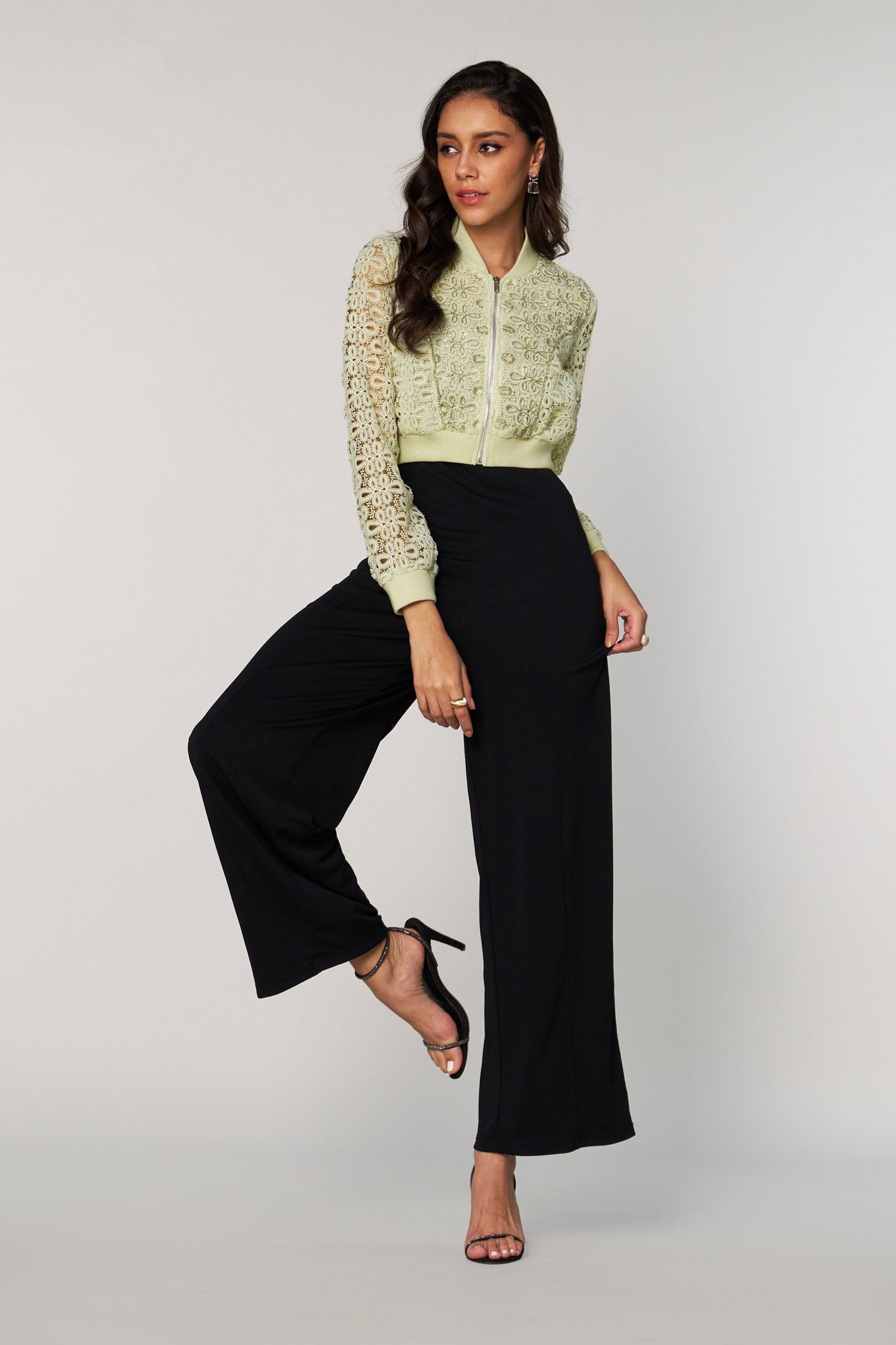 Green Cropped Lace Bomber Jacket with Zip Front