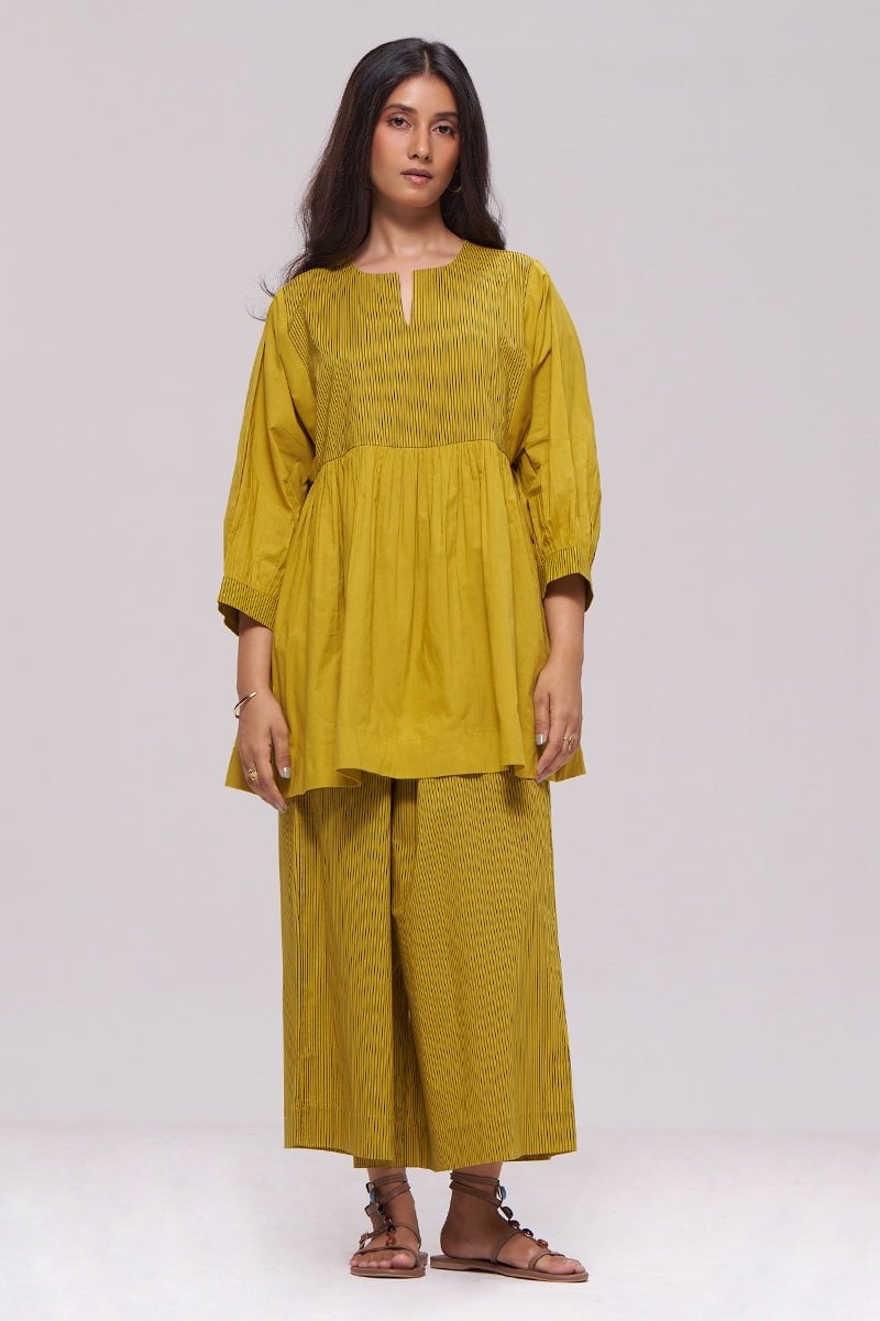 Olive Oil Cotton Kurta and Wide-Leg Pants Co-ord Set