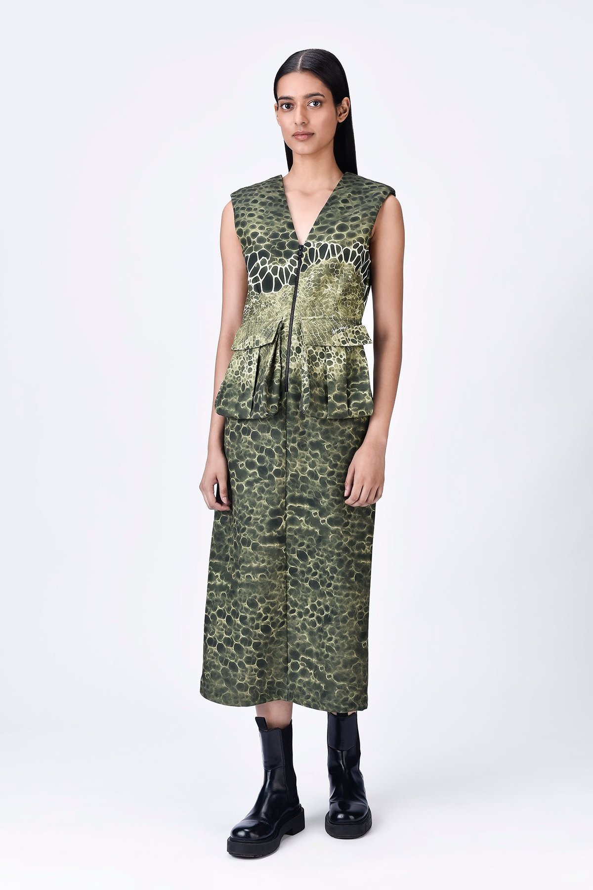 Taupe Microcell Print Zip-Front Maxi Dress