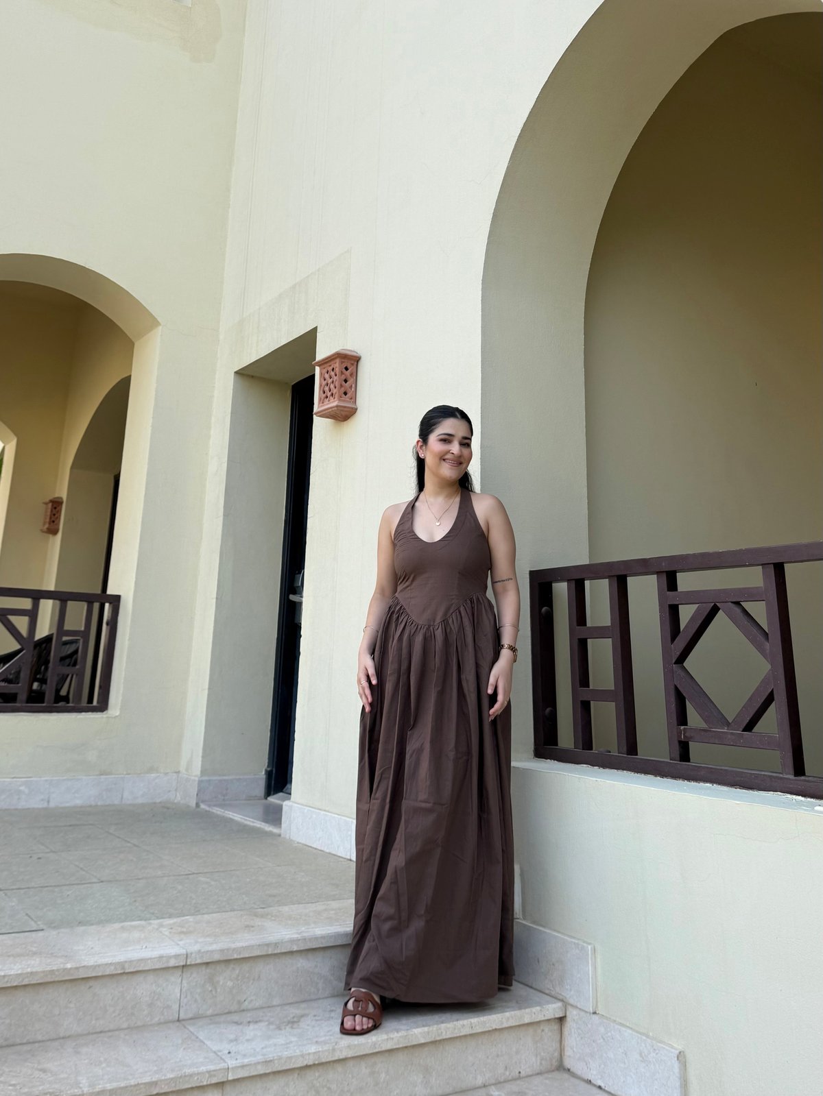 Brown Halter Neck Fit and Flare Maxi Dress