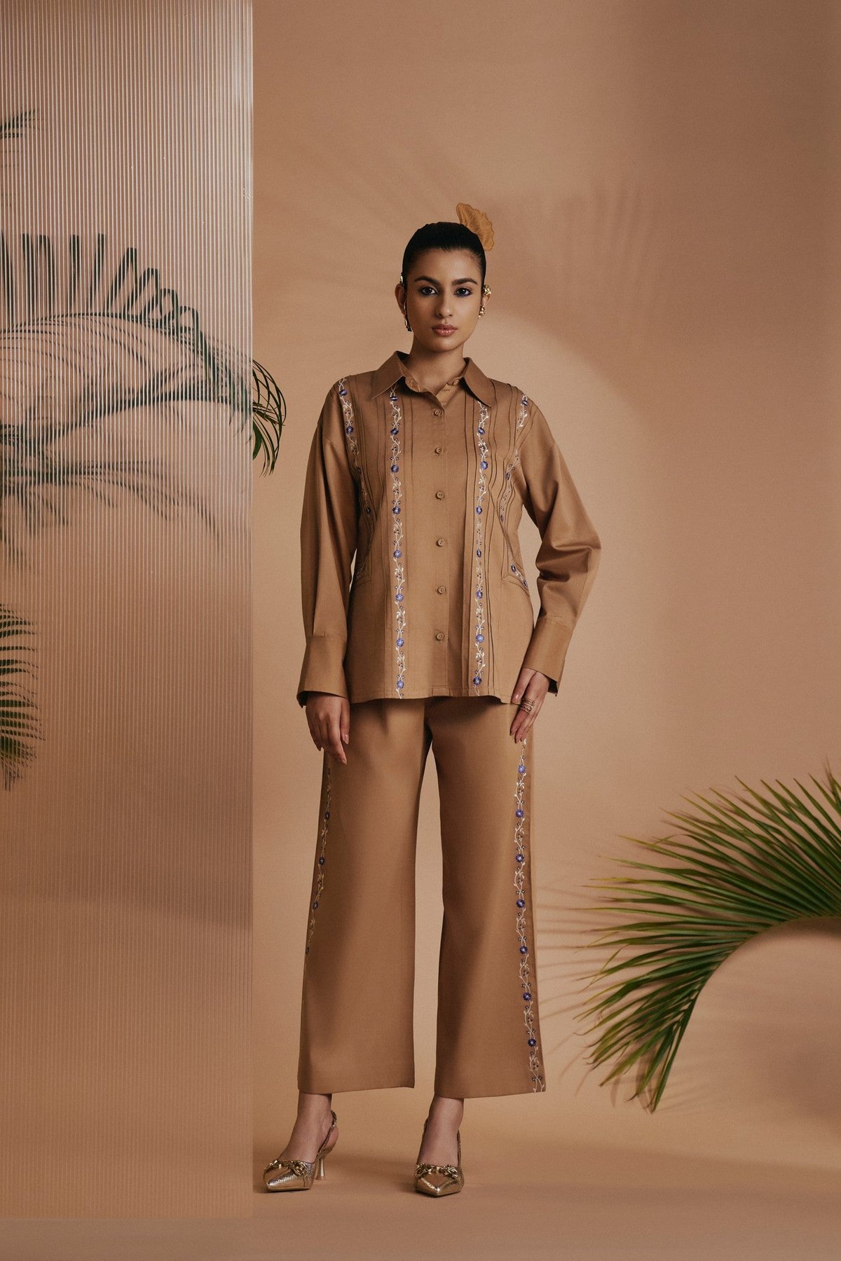 Brown Cotton Satin Embroidered Shirt and Pants Co-ord Set