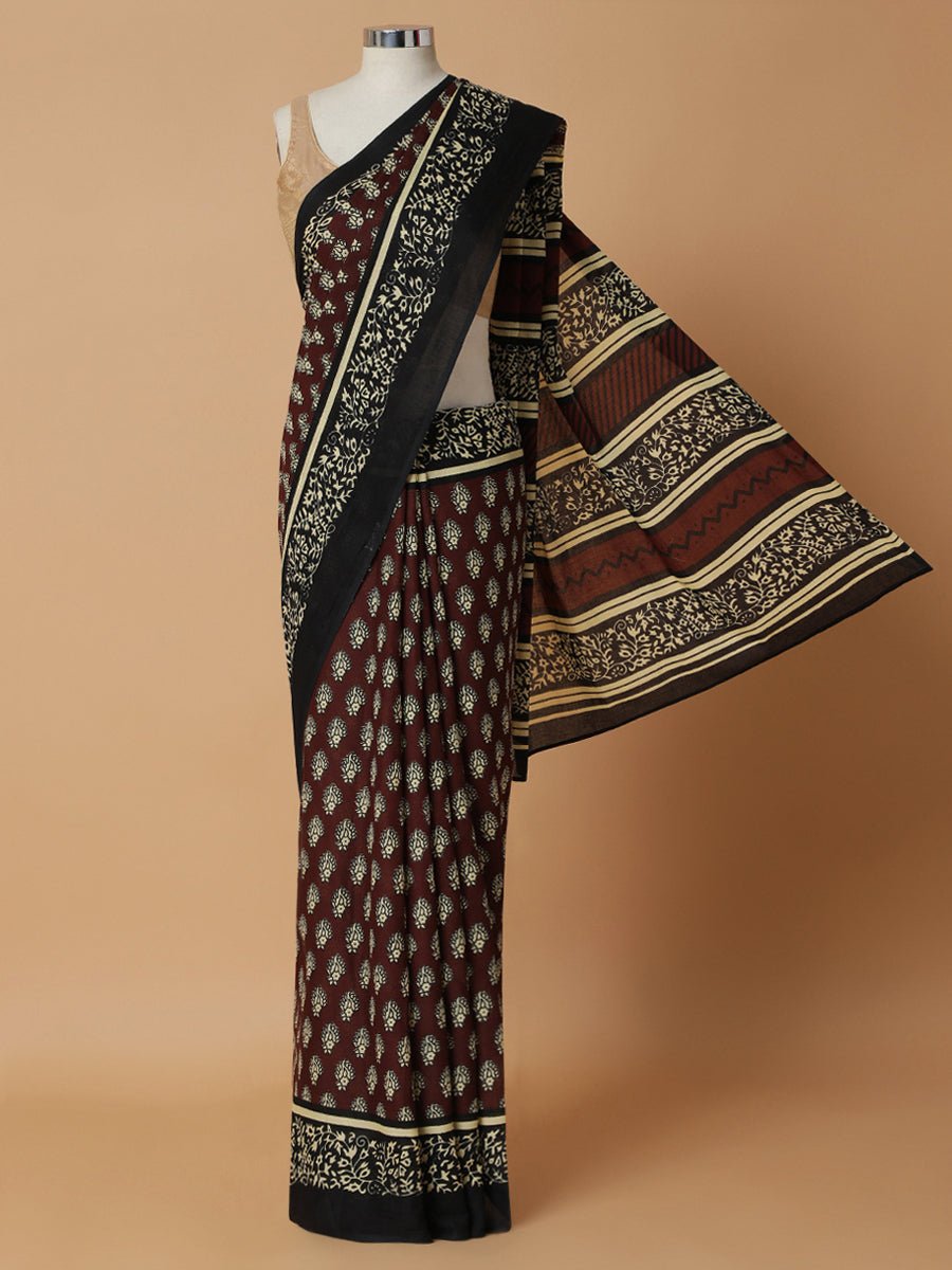 Walnut Brown Printed Cotton Saree Rozaana